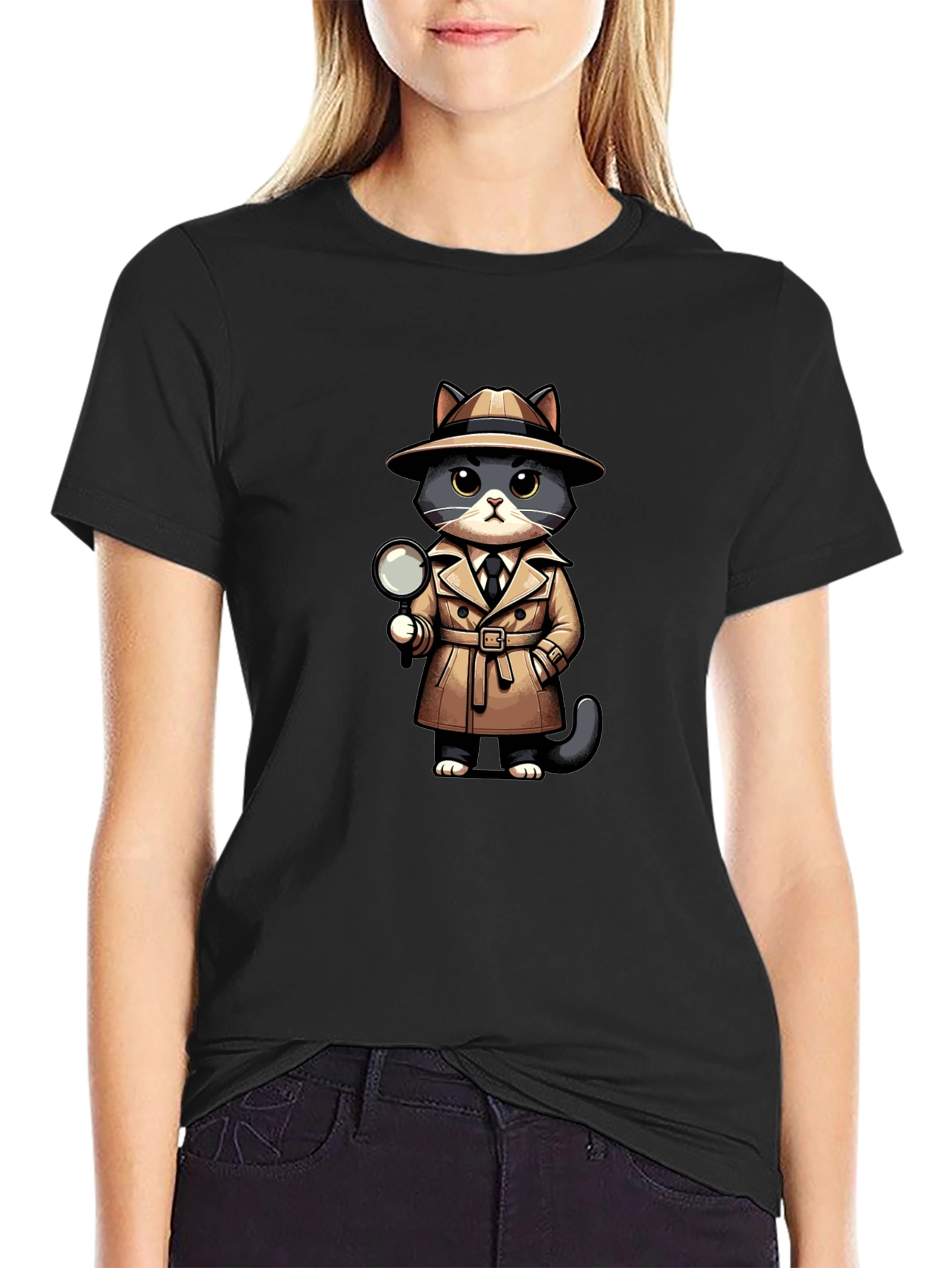 Black Detective Cat Graphic T-Shirt view 2
