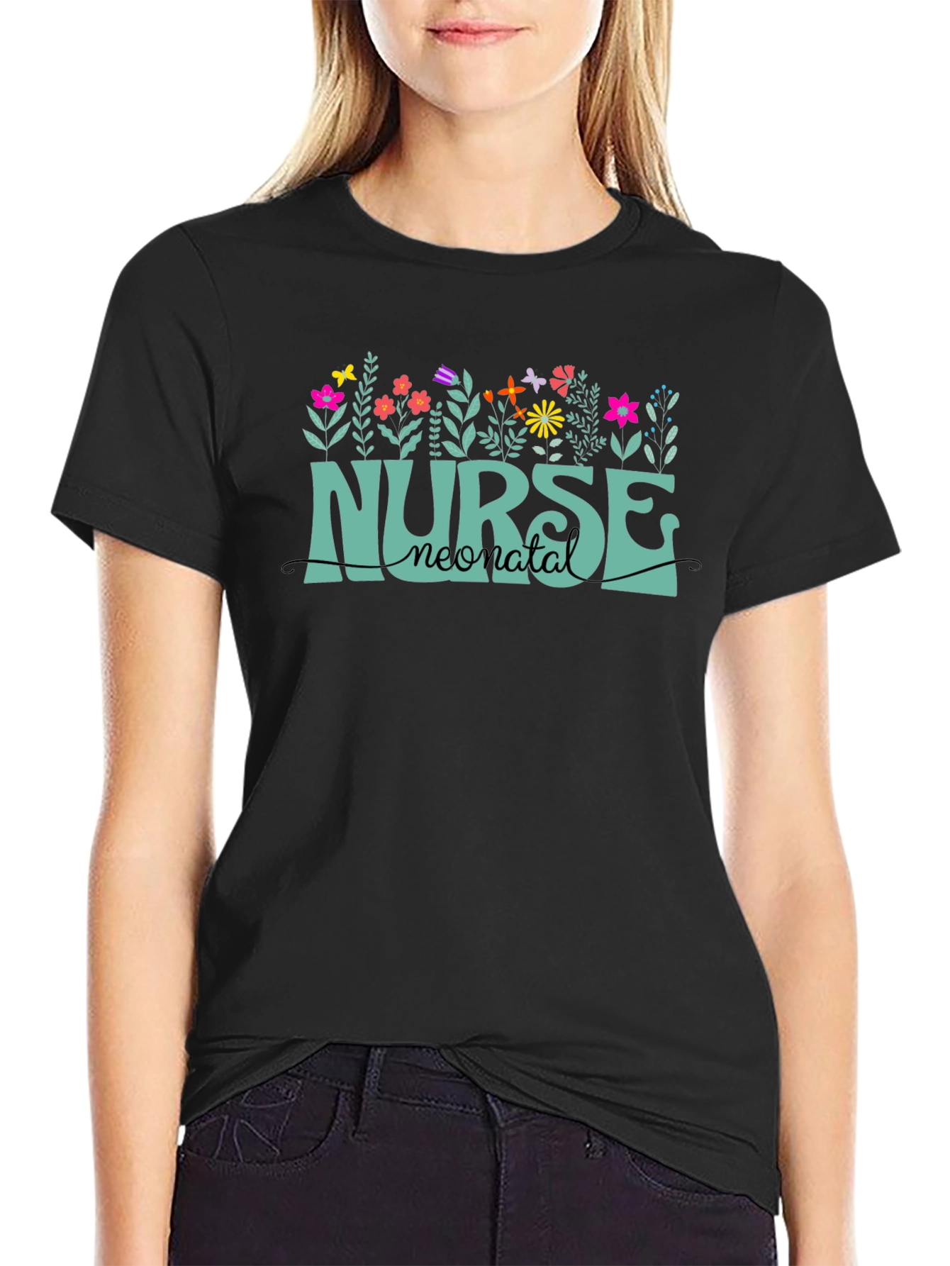 Black Neonatal Nurse T-Shirt - Floral Design view 2