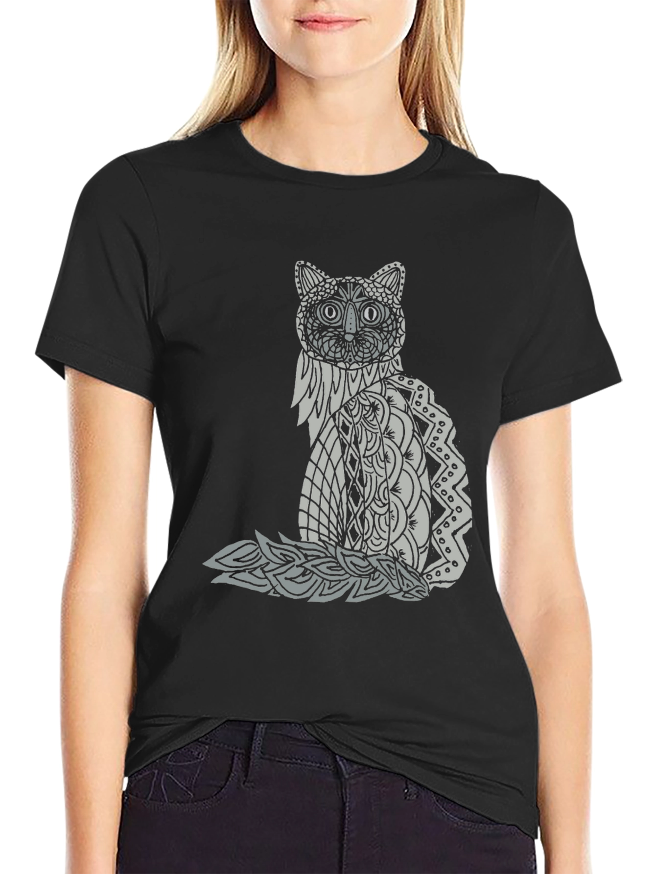 Black Abstract Cat Graphic Tee - Black Casual T-Shirt view 2