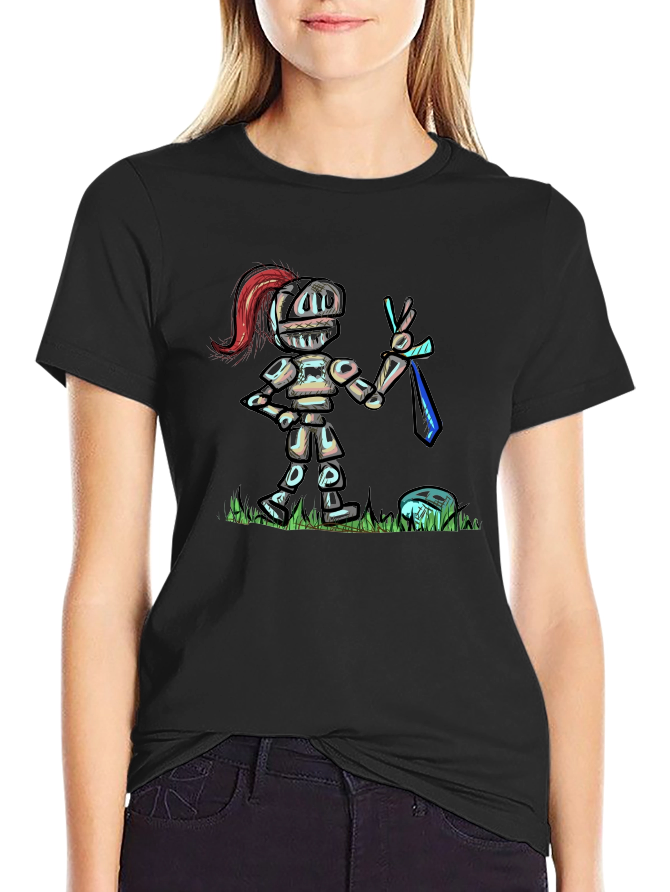 Black Cartoon Knight T-Shirt - Black Cotton Tee view 2
