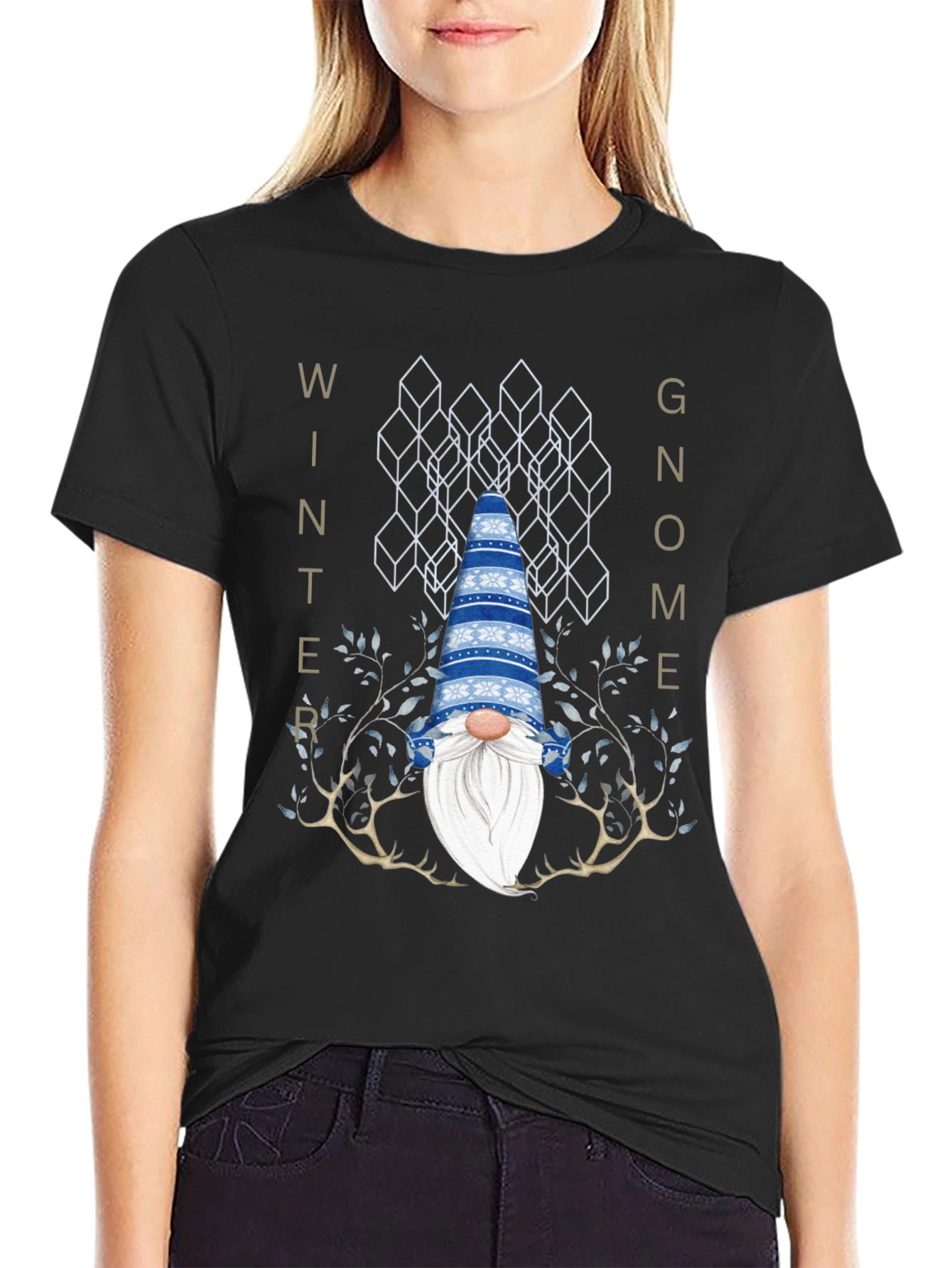 Black Winter Gnome Graphic Tee - Black Crew Neck view 2