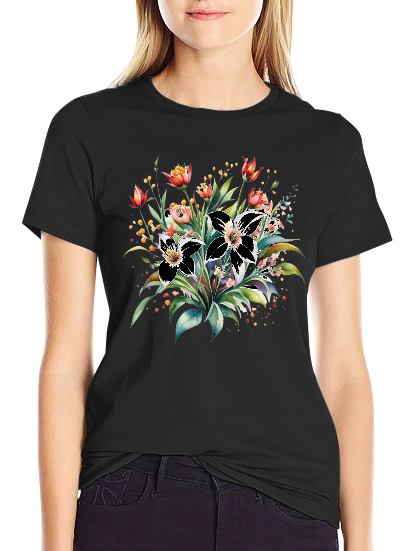 Black Floral Print Black T-Shirt view 2