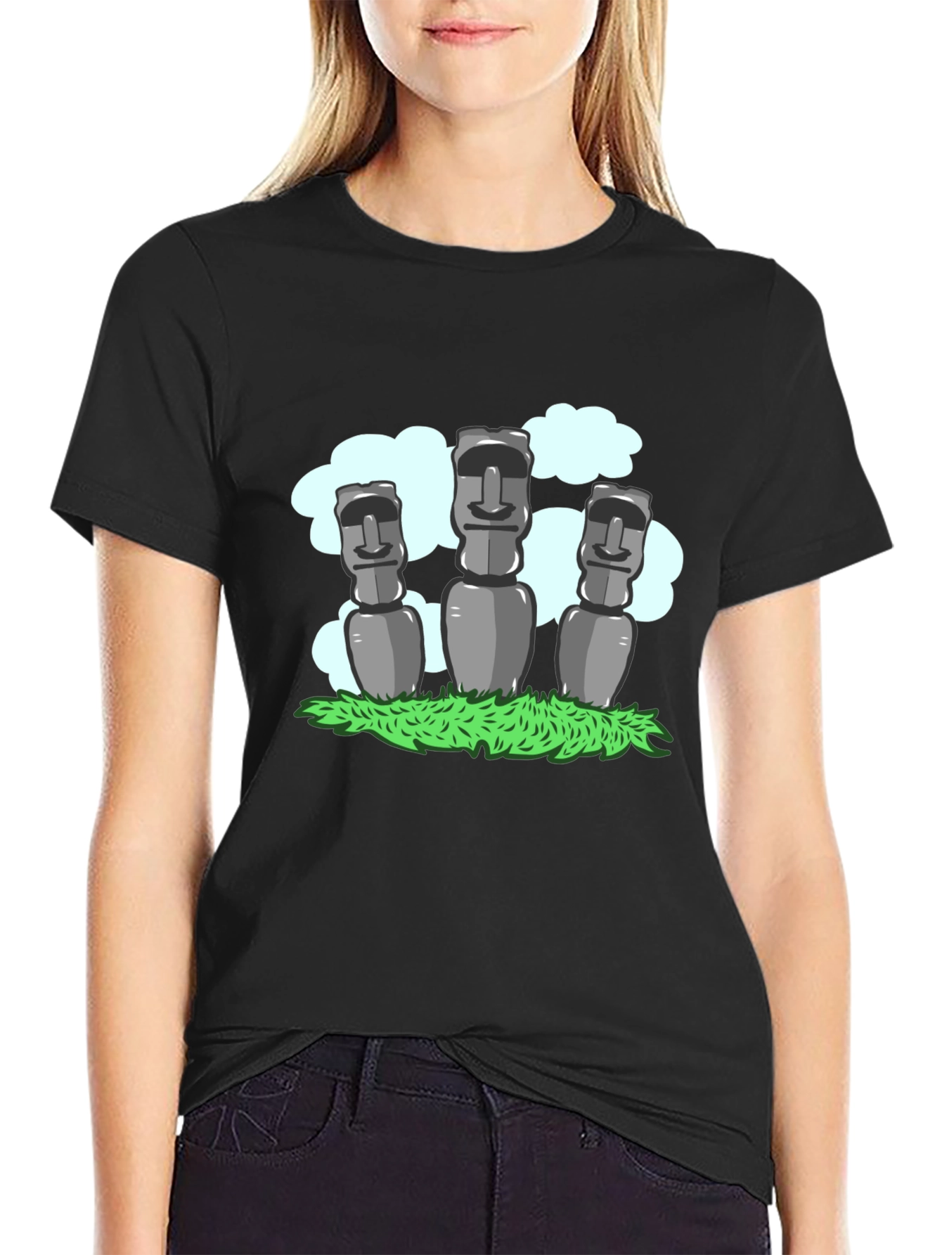 Black Moai Statue Graphic Tee - Black Cotton T-Shirt view 2