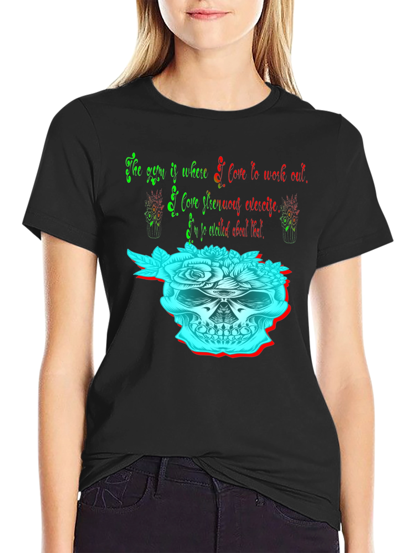 Black Skull & Flowers Graphic Tee - Gym & Exercise Lover Shirt view 2