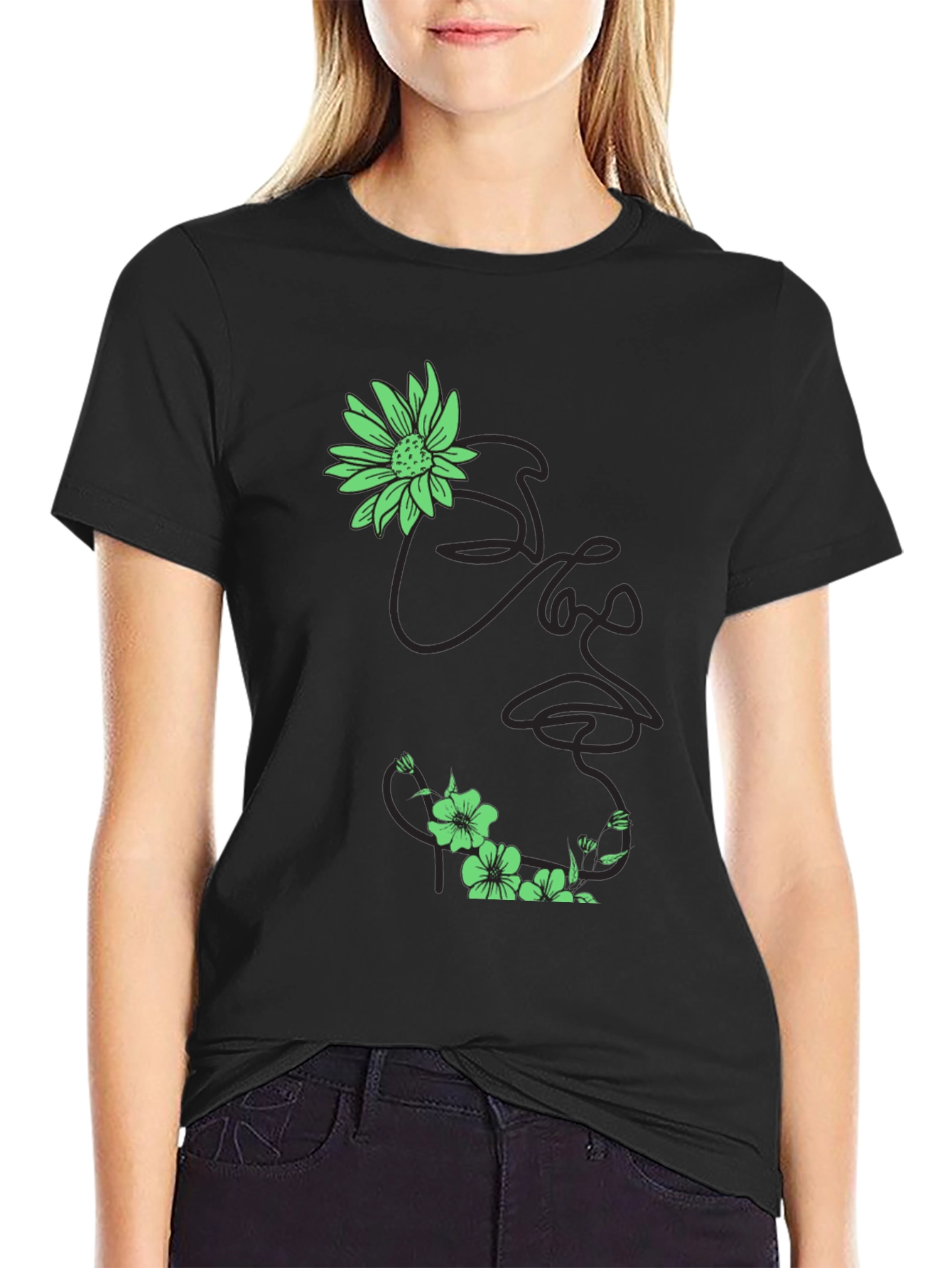 Black Floral Face Line Art Black T-Shirt view 2