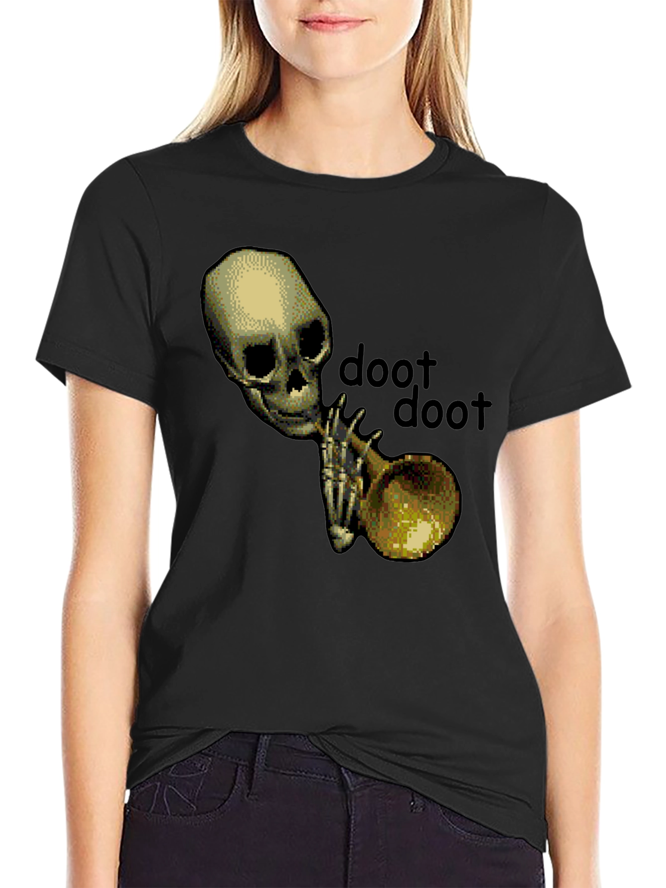Black Doot Doot Skeleton Trumpet Black T-Shirt view 2