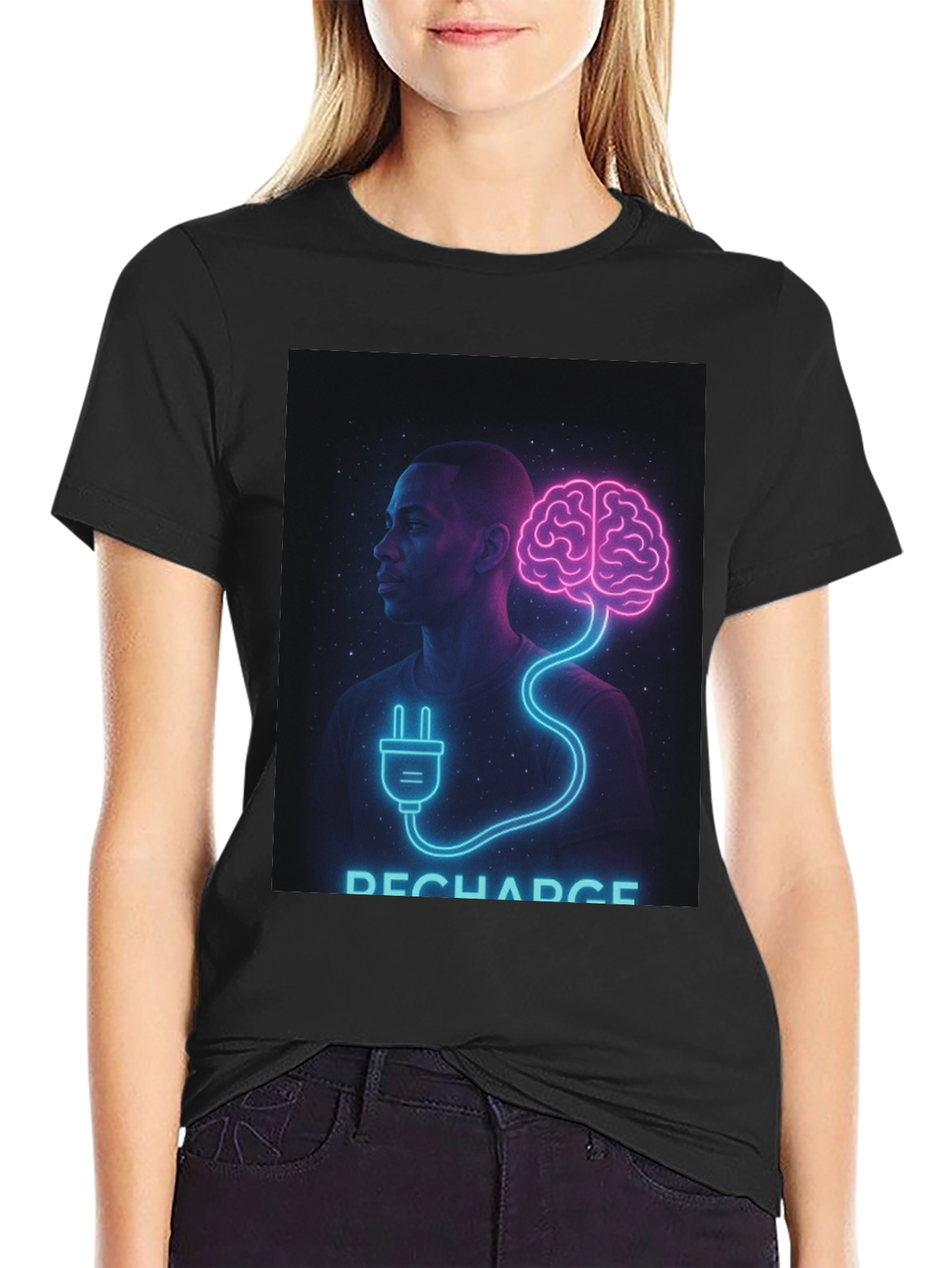 Black Recharge Brain Graphic Tee - Black Crew Neck view 2