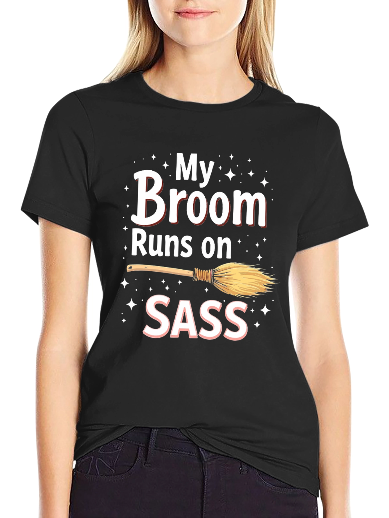 Black My Broom Runs On Sass T-Shirt view 2