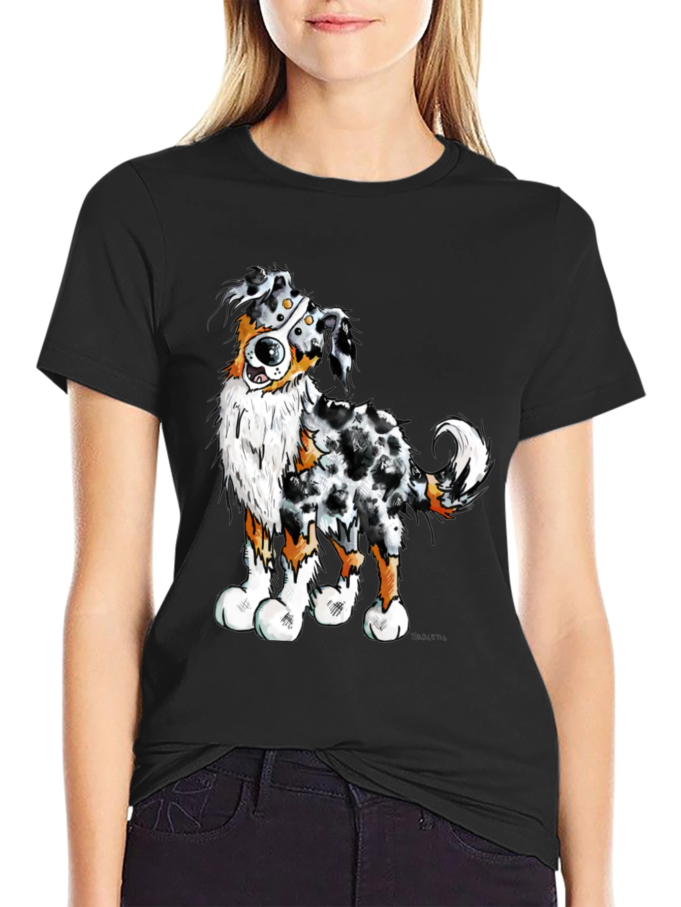 Black Cartoon Aussie Dog Graphic T-Shirt view 2