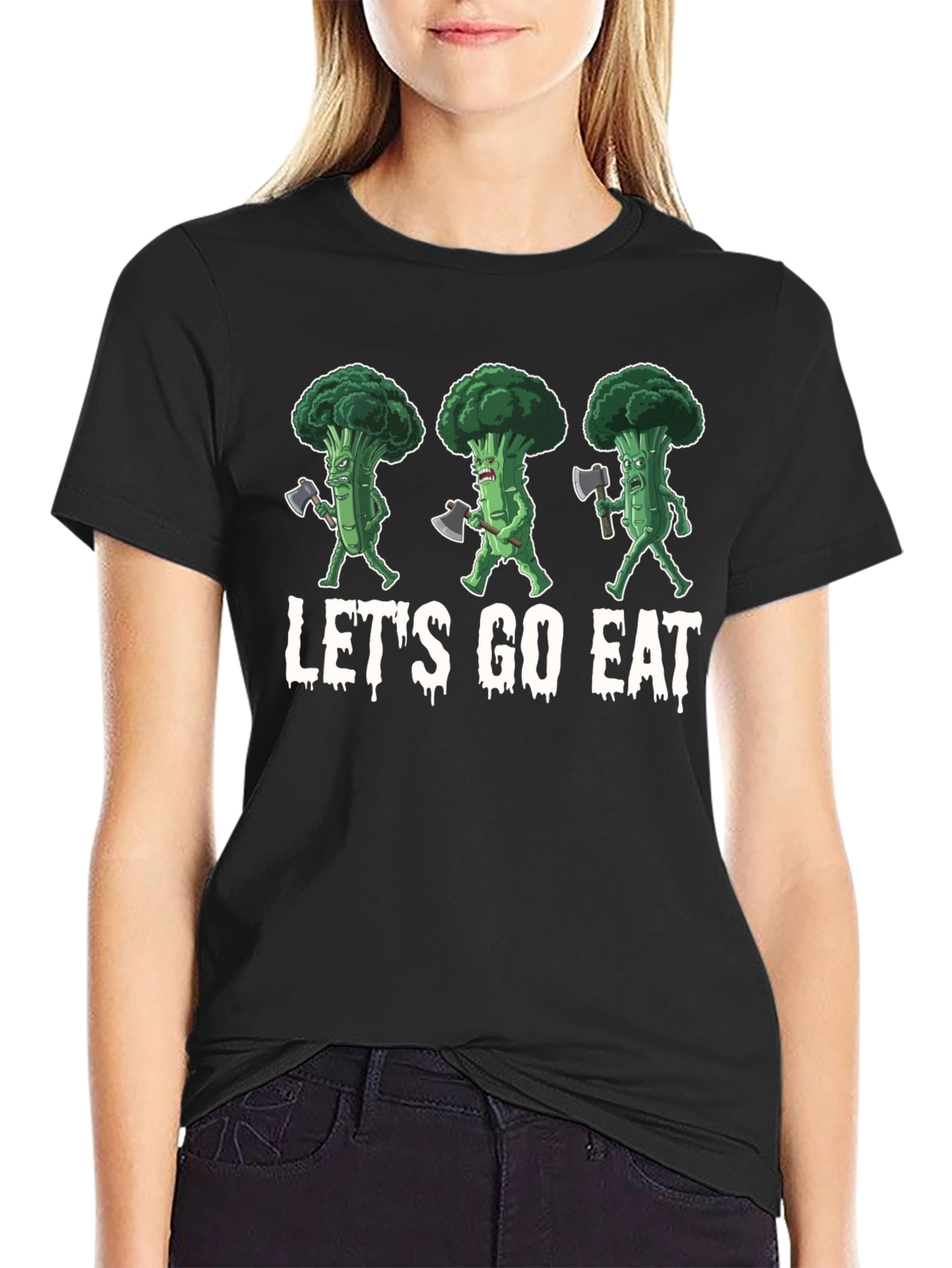 Black Let's Go Eat Broccoli Axe T-Shirt view 2