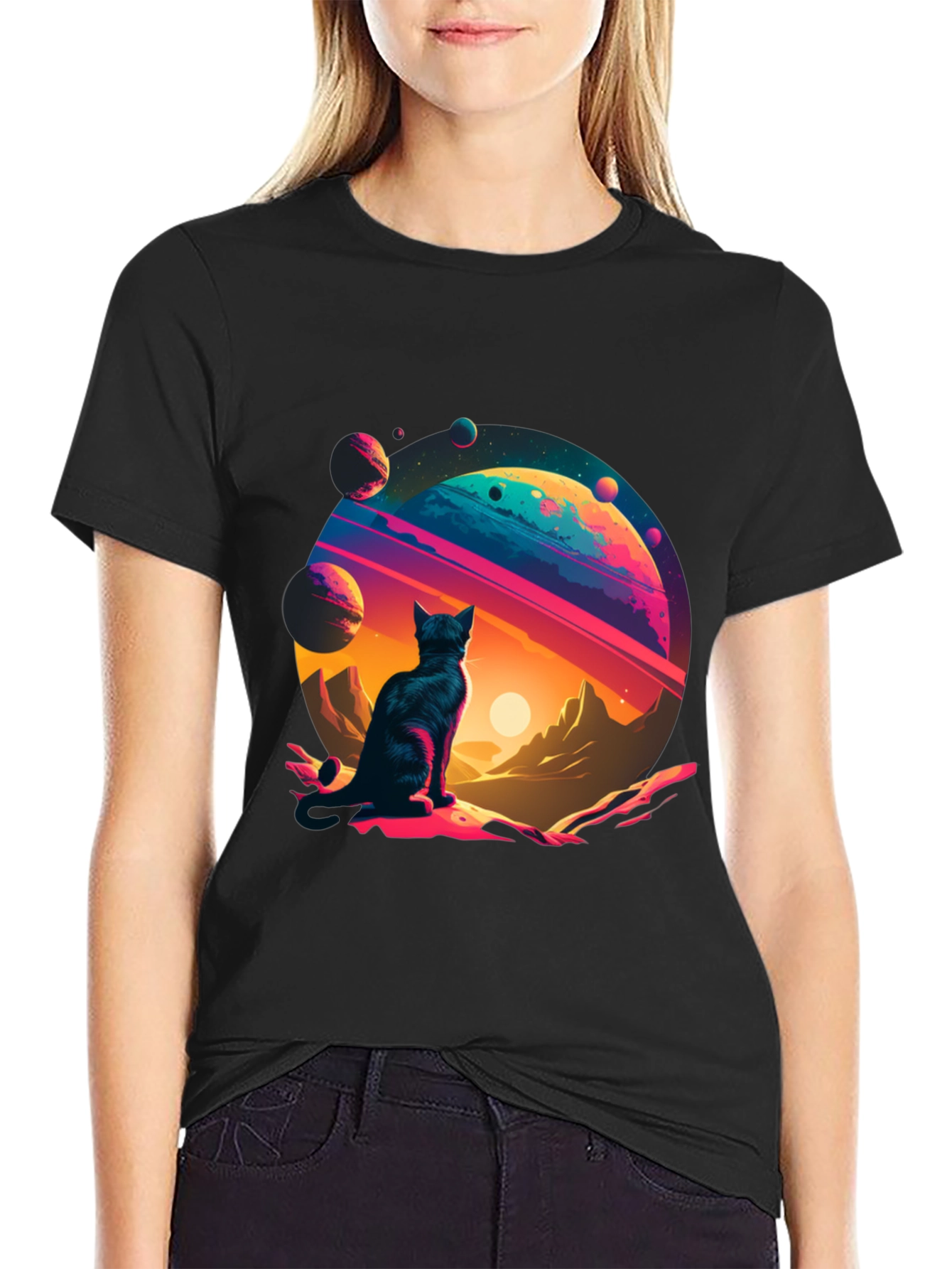 Black Cosmic Cat T-Shirt - Galaxy Adventure! view 2