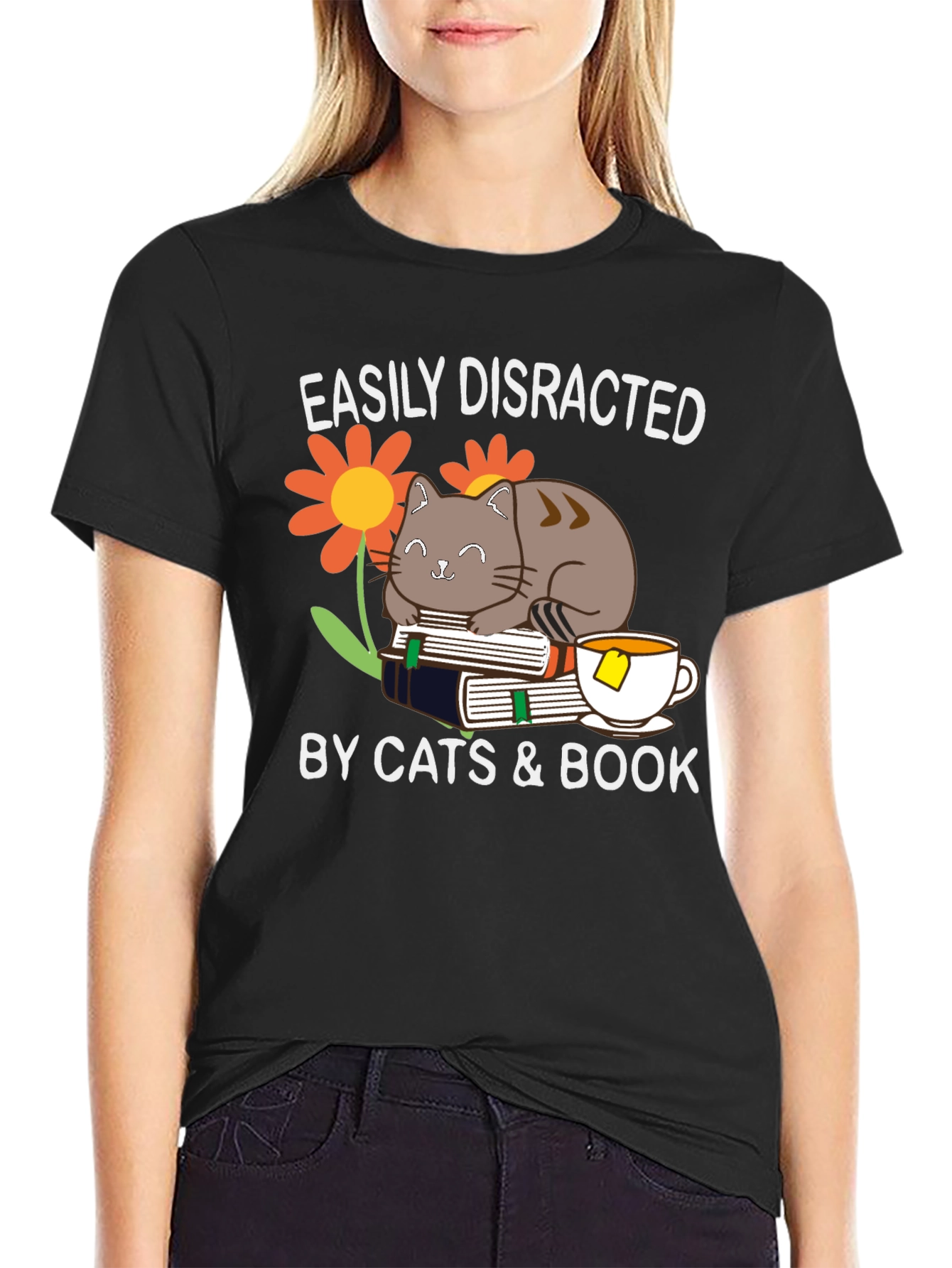 Black Easily Distracted By Cats & Books T-Shirt view 2