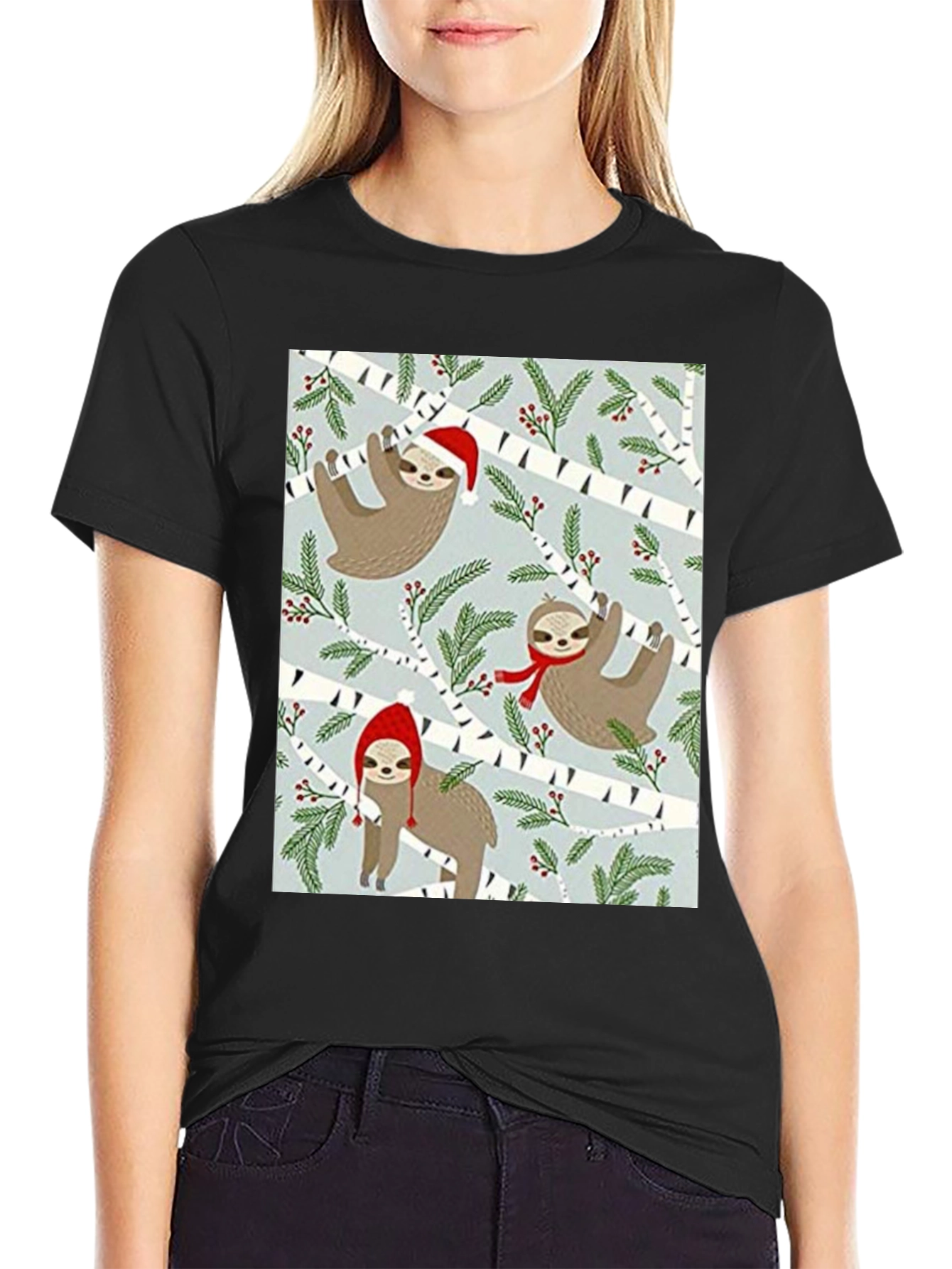Black Festive Sloth Christmas T-Shirt view 2