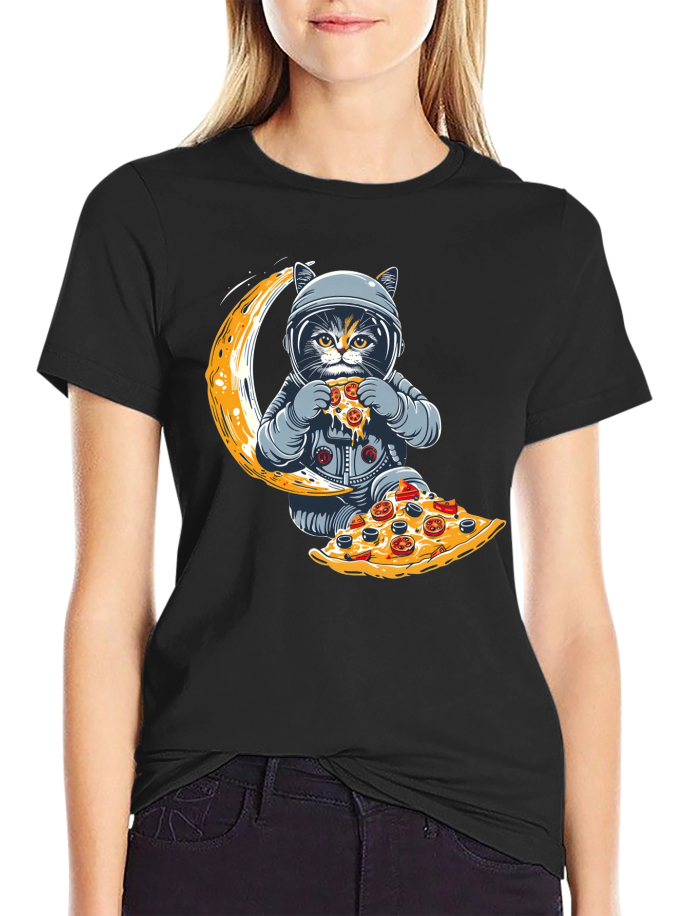 Black Astronaut Cat Pizza Moon T-Shirt view 2