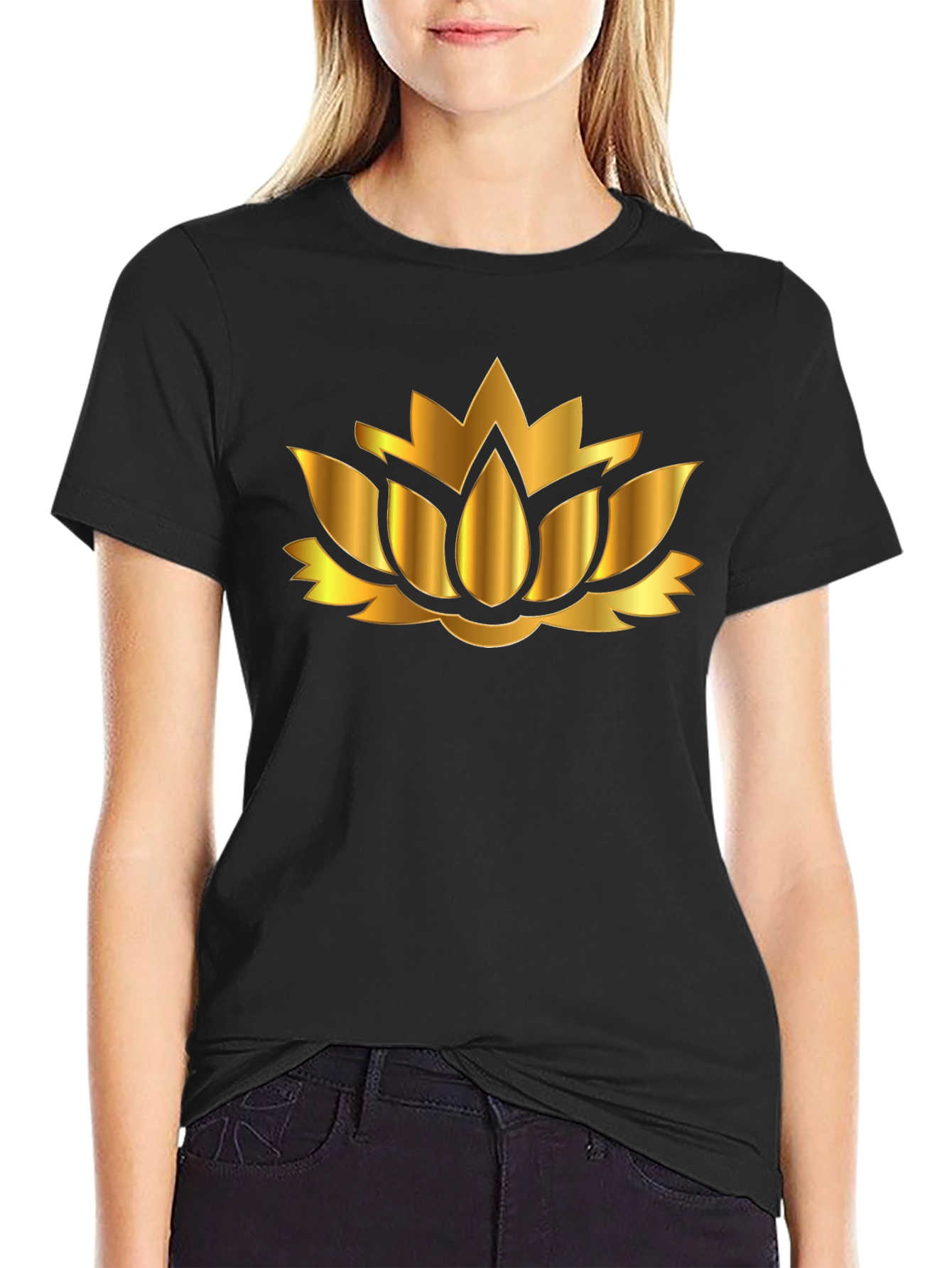Golden Lotus Flower Graphic Black T-Shirt - 2