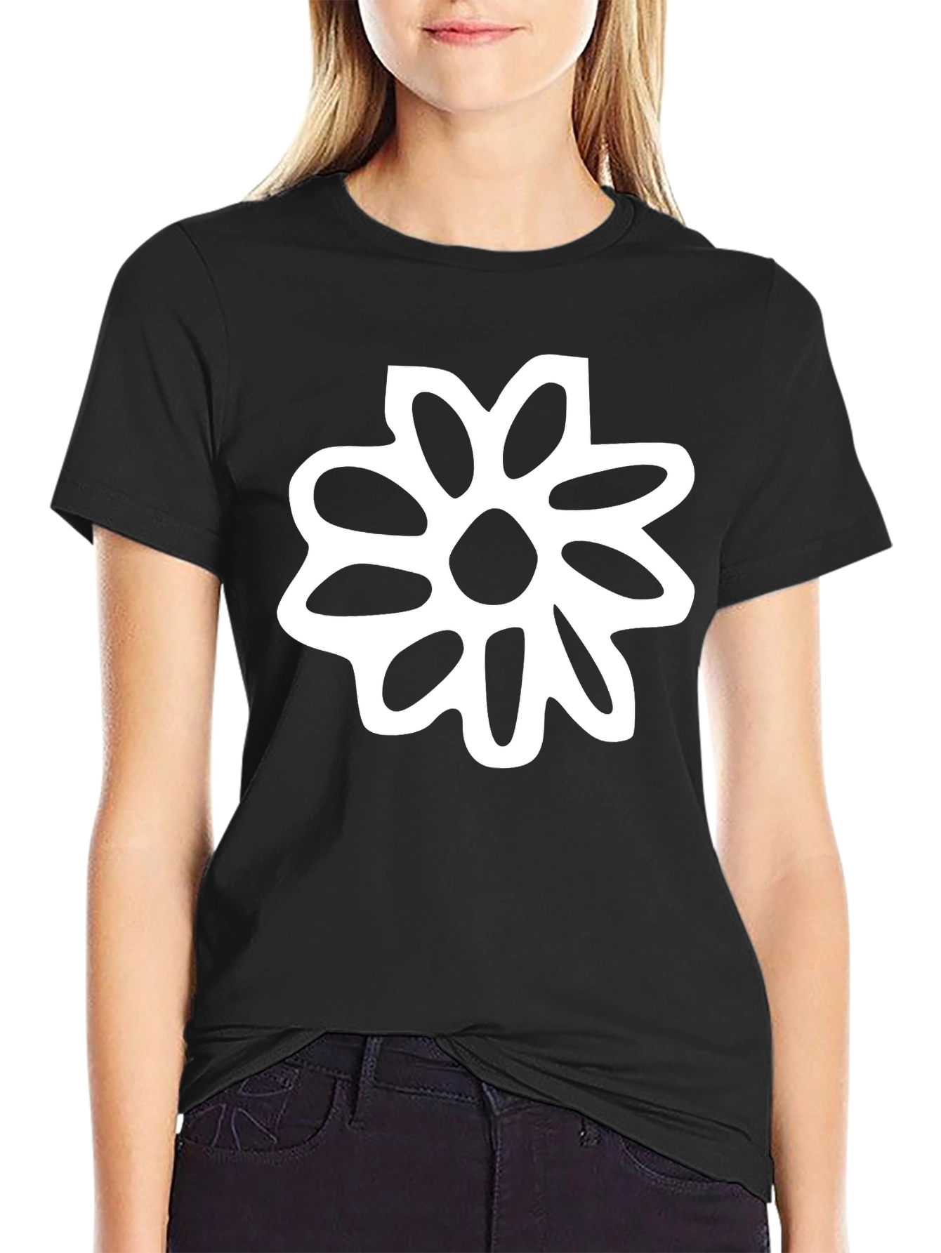 Black Black T-Shirt with White Flower Graphic view 2