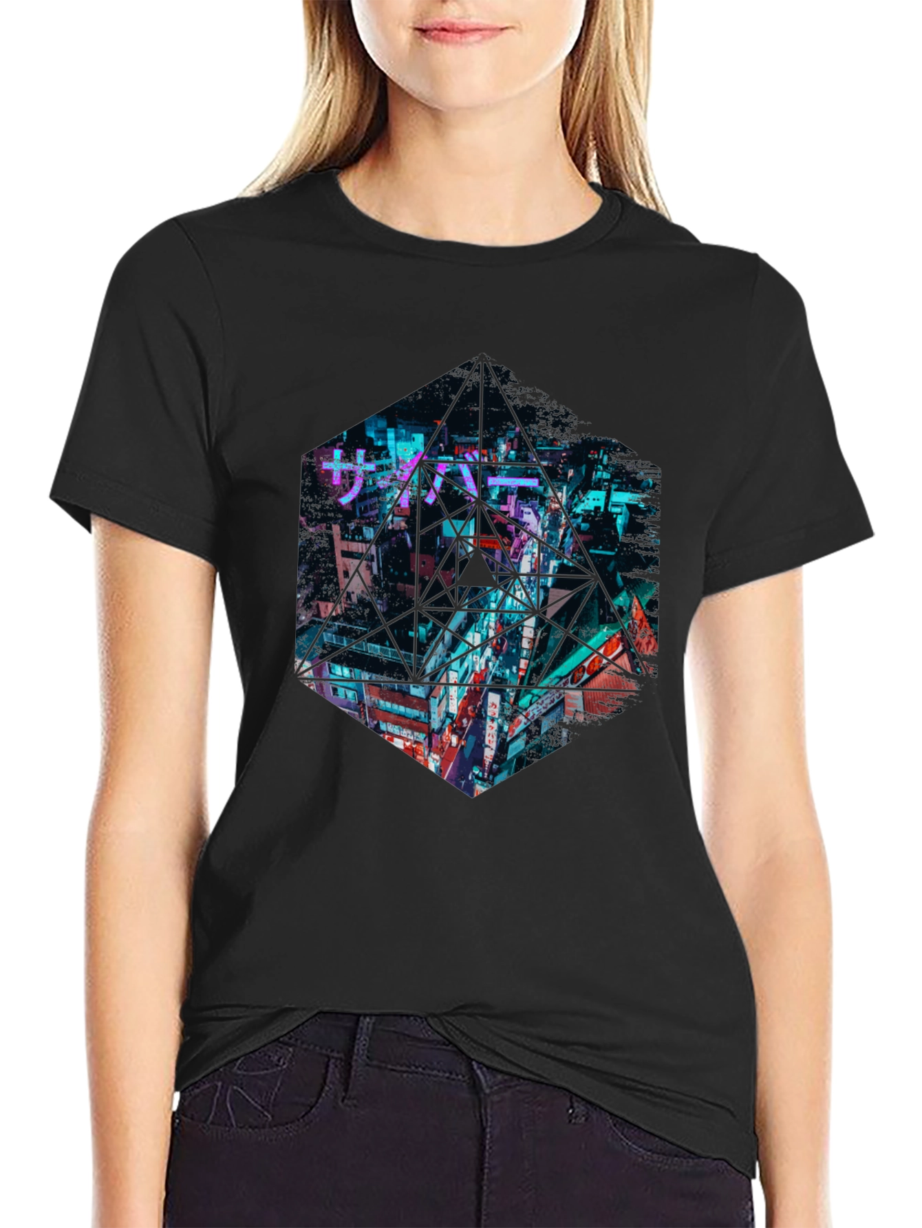 Black Cyberpunk Cityscape Graphic Tee - Urban Style view 2