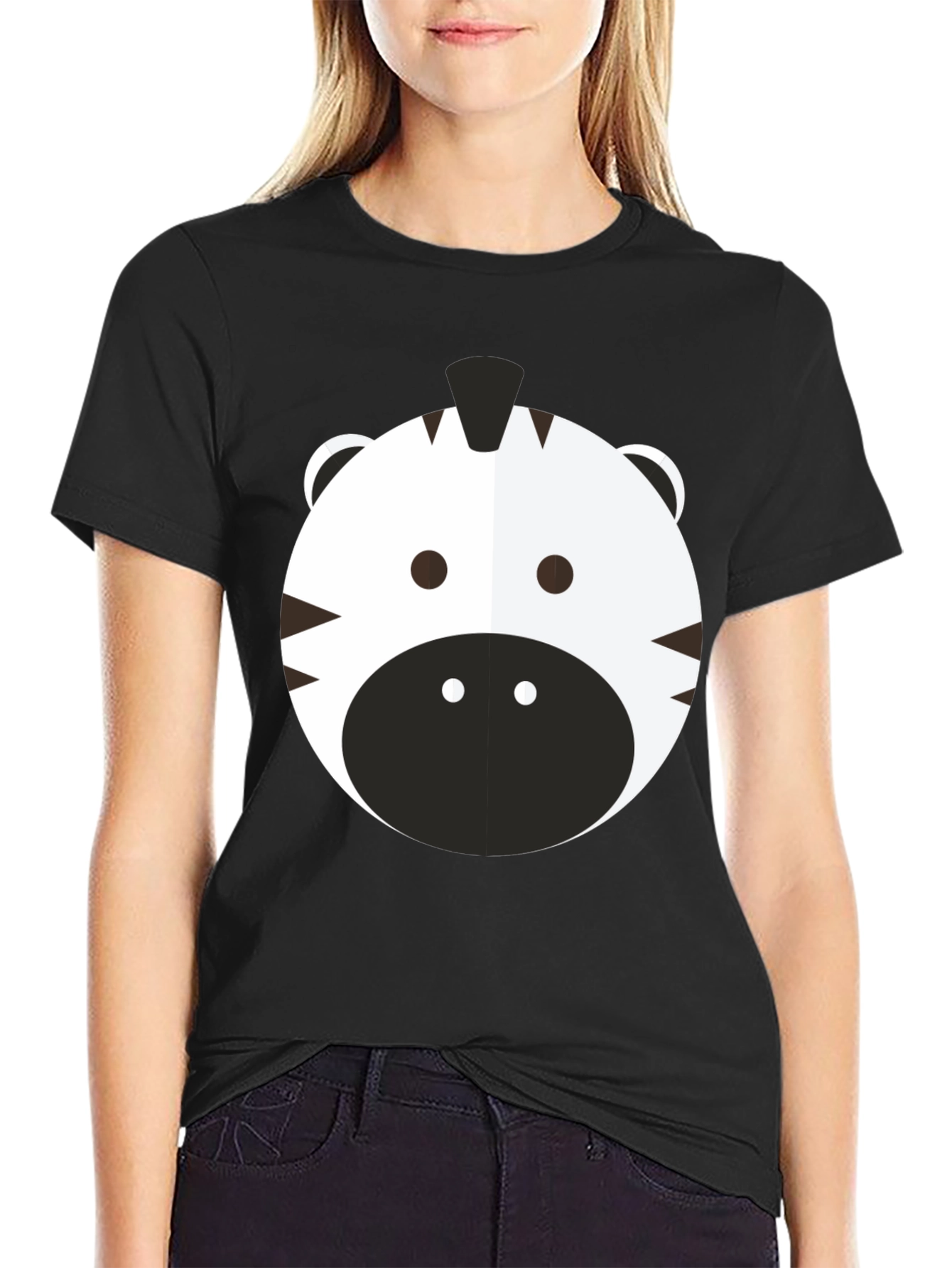 Black Cute Zebra Graphic Tee - Black Cotton T-Shirt view 2