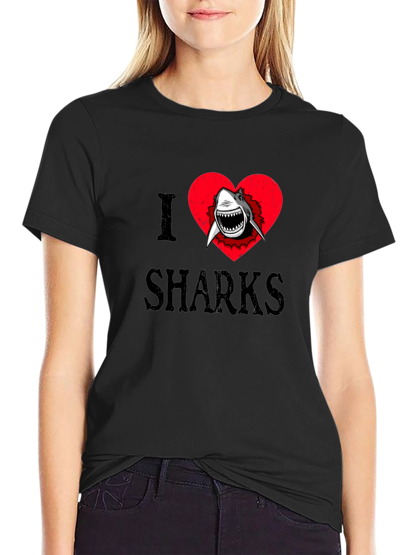 Black I Heart Sharks Graphic Tee - Black Cotton T-Shirt view 2