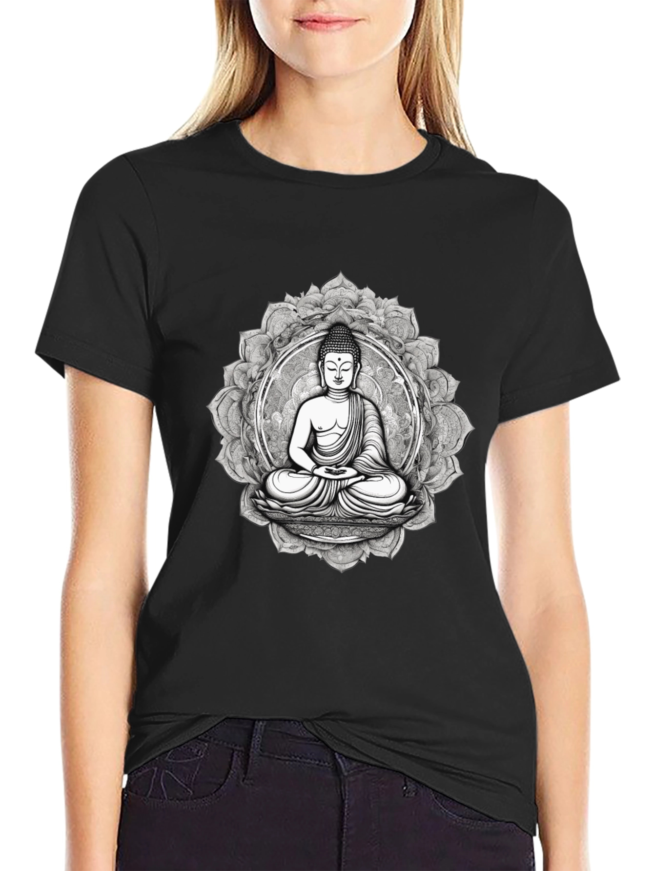 Black Buddha Mandala Graphic Tee - Black Cotton Blend view 2