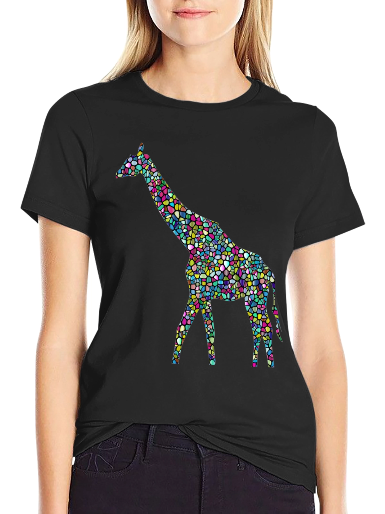 Black Mosaic Giraffe Graphic Tee - Stylish Black T-Shirt view 2