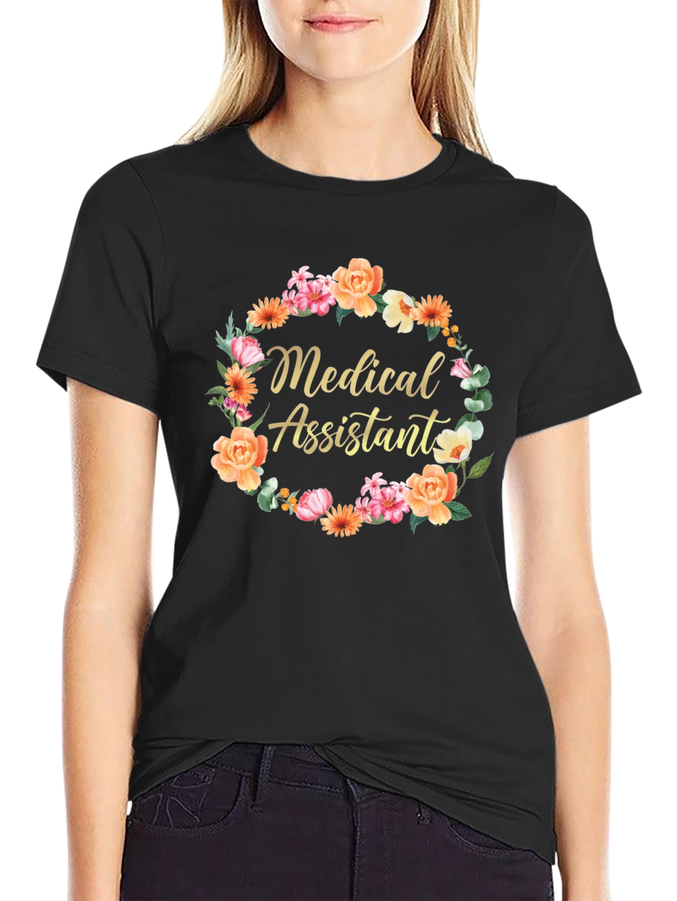 Black Medical Assistant Floral Wreath T-Shirt view 2