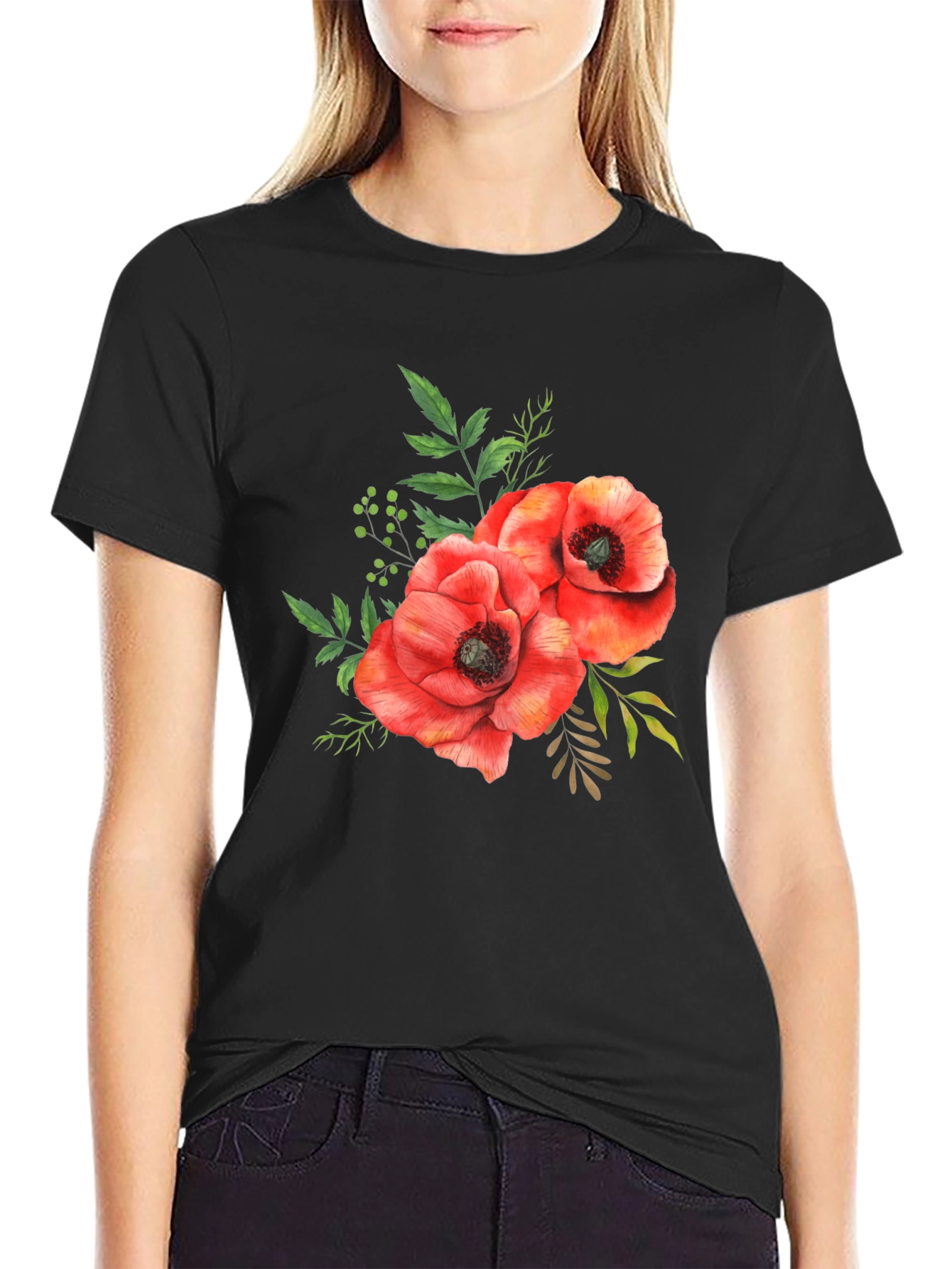 Black Floral Poppy T-Shirt - Black Cotton Tee view 2