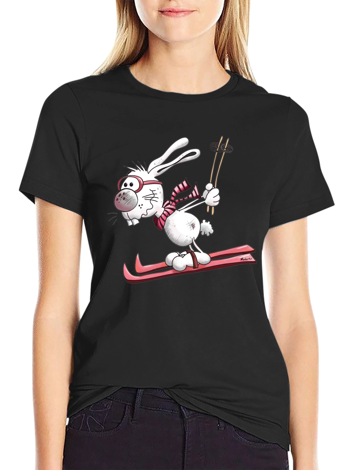 Black Skiing Bunny Graphic Tee - Unisex Black Cotton T-Shirt view 2