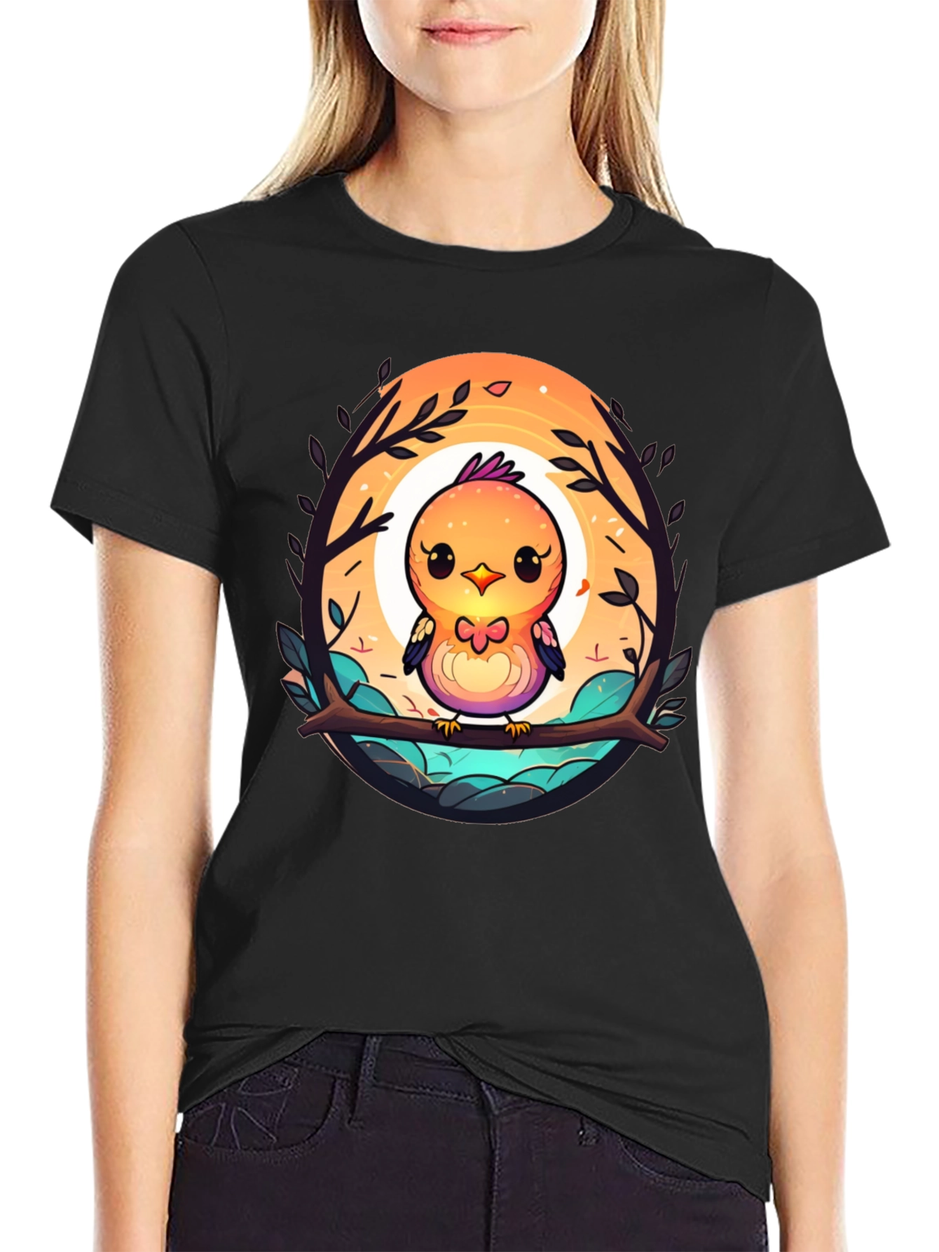 Black Cute Cartoon Bird T-Shirt - Unisex Black Tee view 2