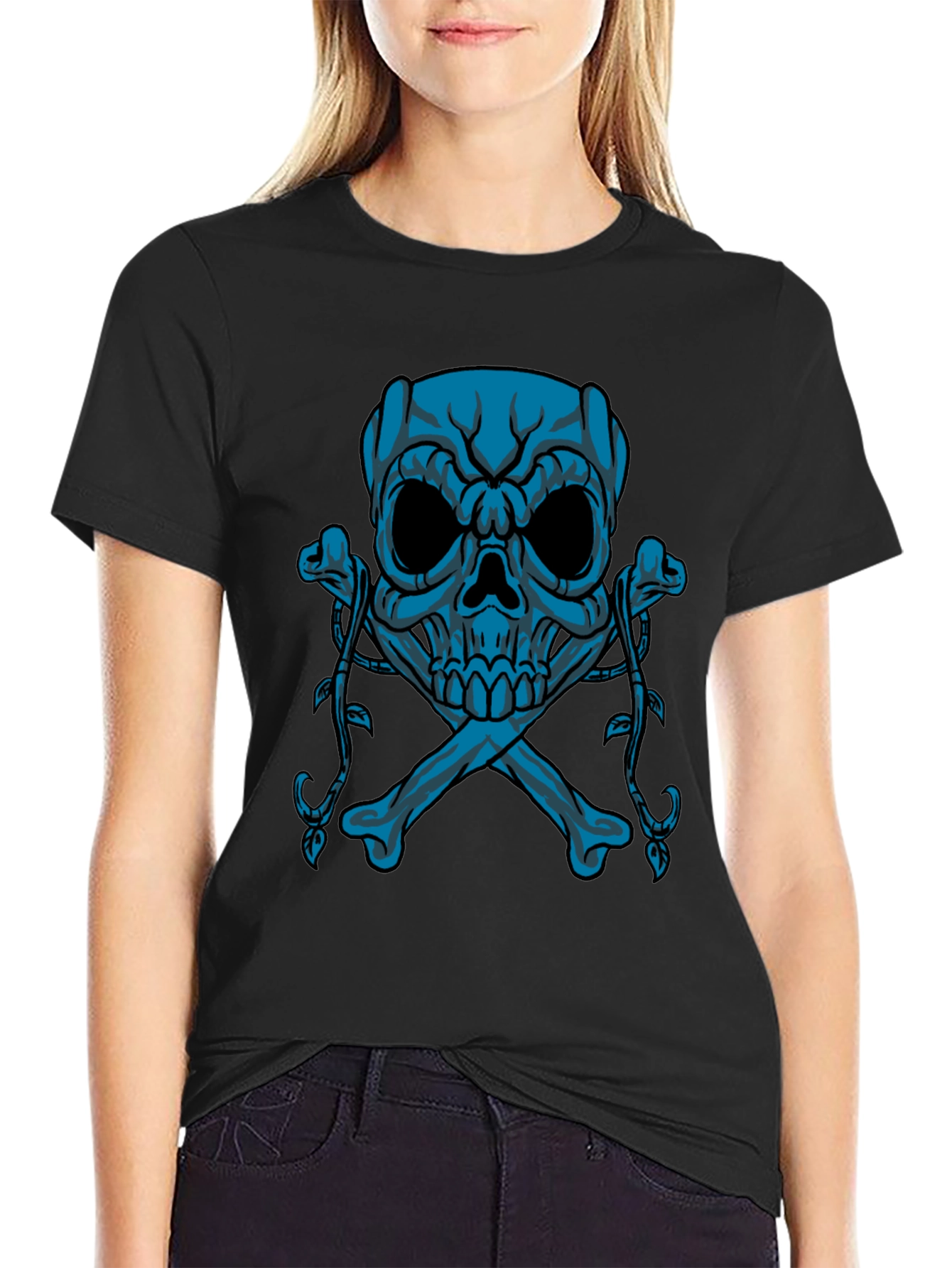 Black Skull & Crossbones Graphic Tee - Black Cotton view 2