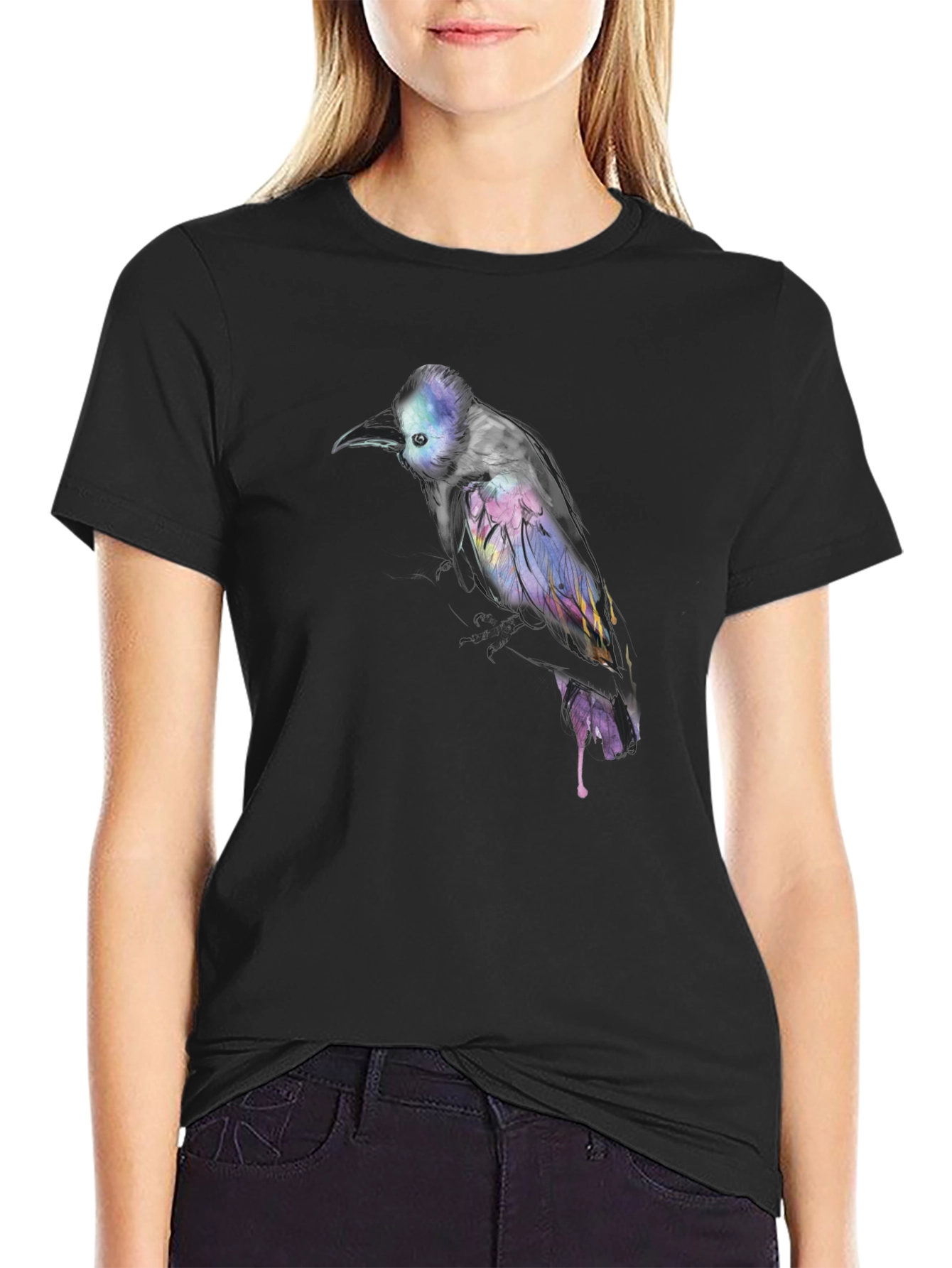 Black Abstract Bird Print Black T-Shirt view 2