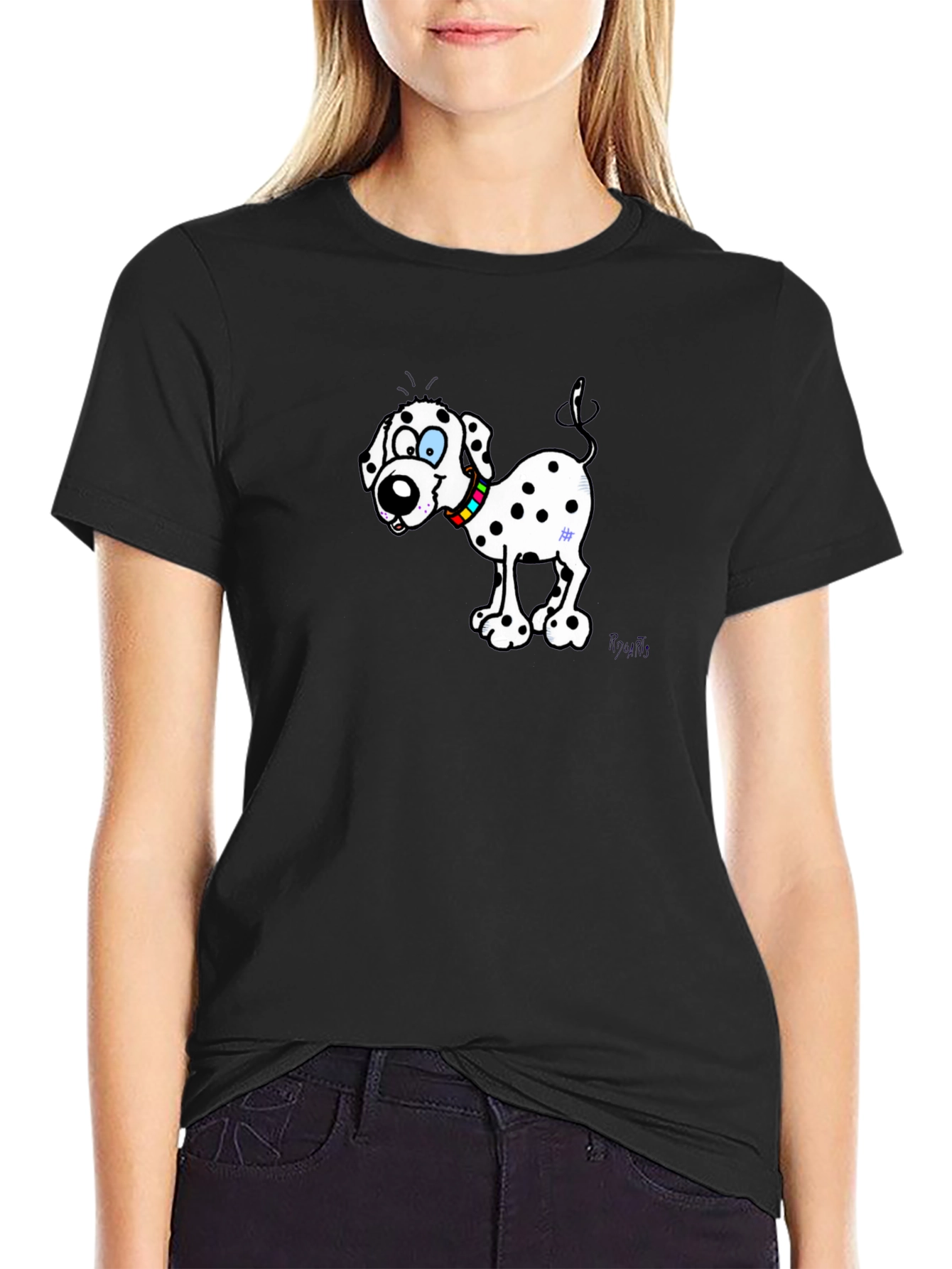Black Dalmatian Cartoon Dog Black T-Shirt view 2