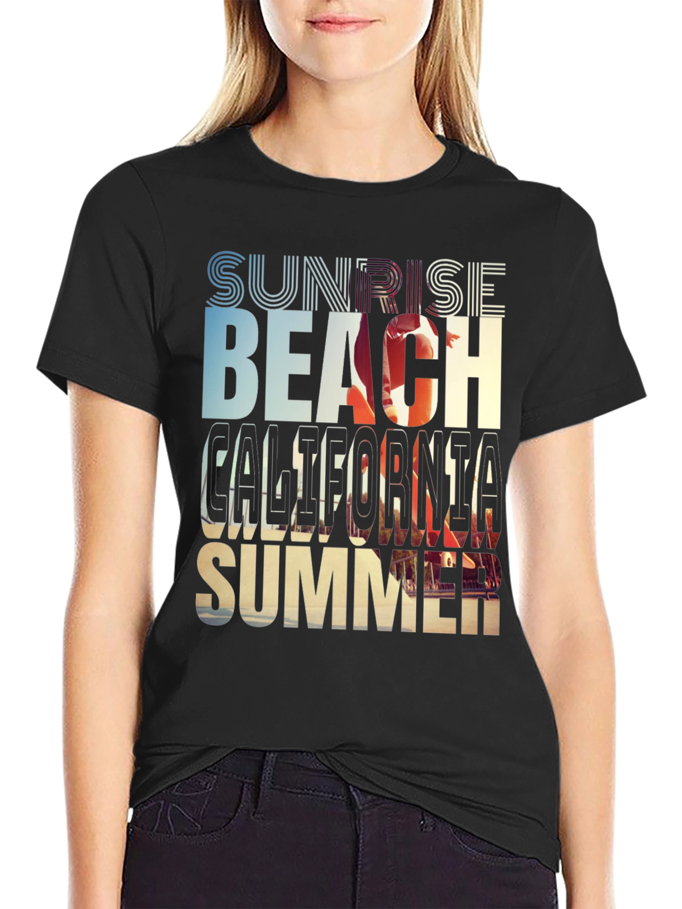 Black Sunset Beach California Summer Graphic T-Shirt view 2
