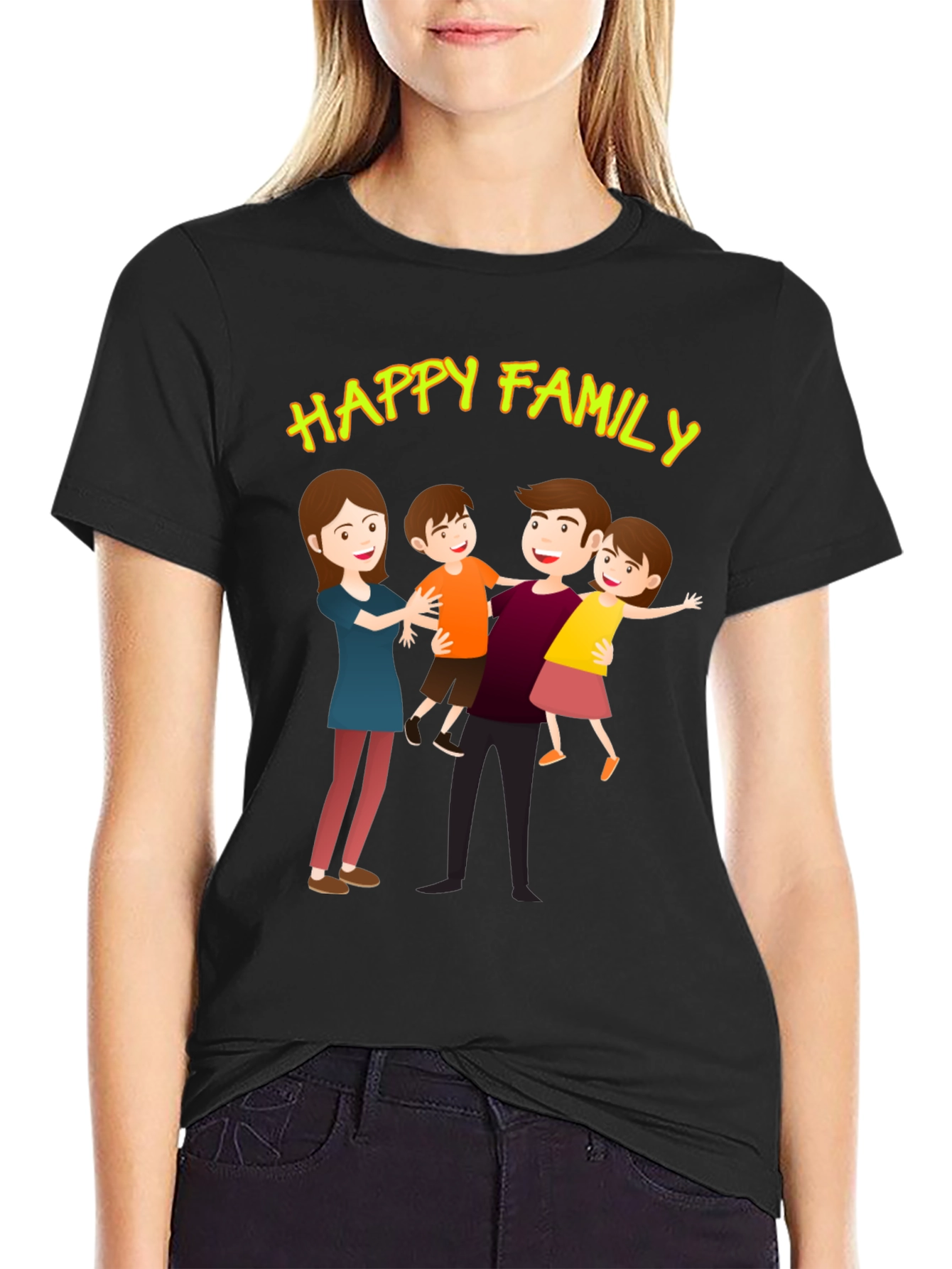 Black Happy Family Graphic Tee - Black Cotton Blend view 2