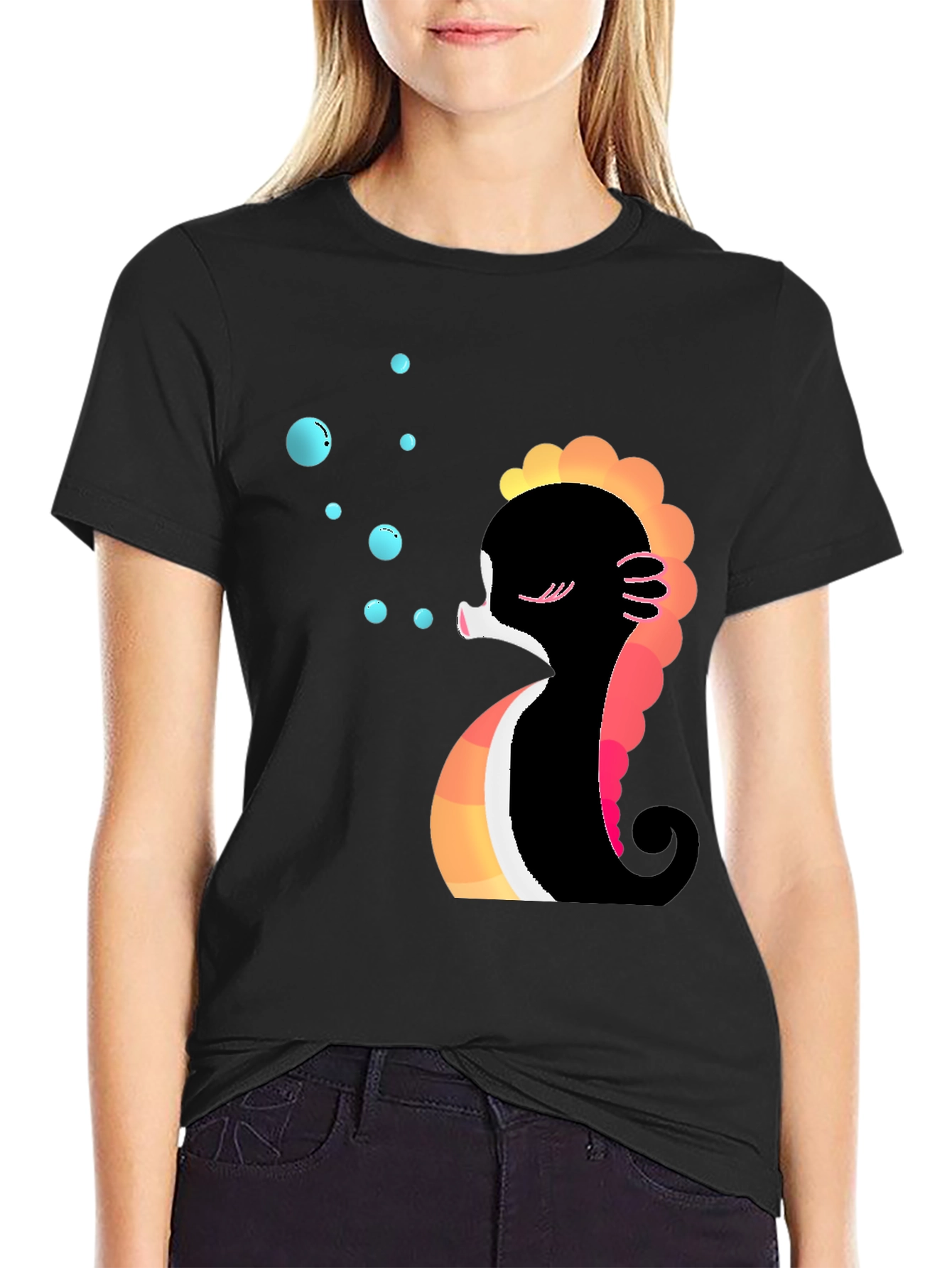 Black Cute Seahorse Bubbles Graphic Tee view 2