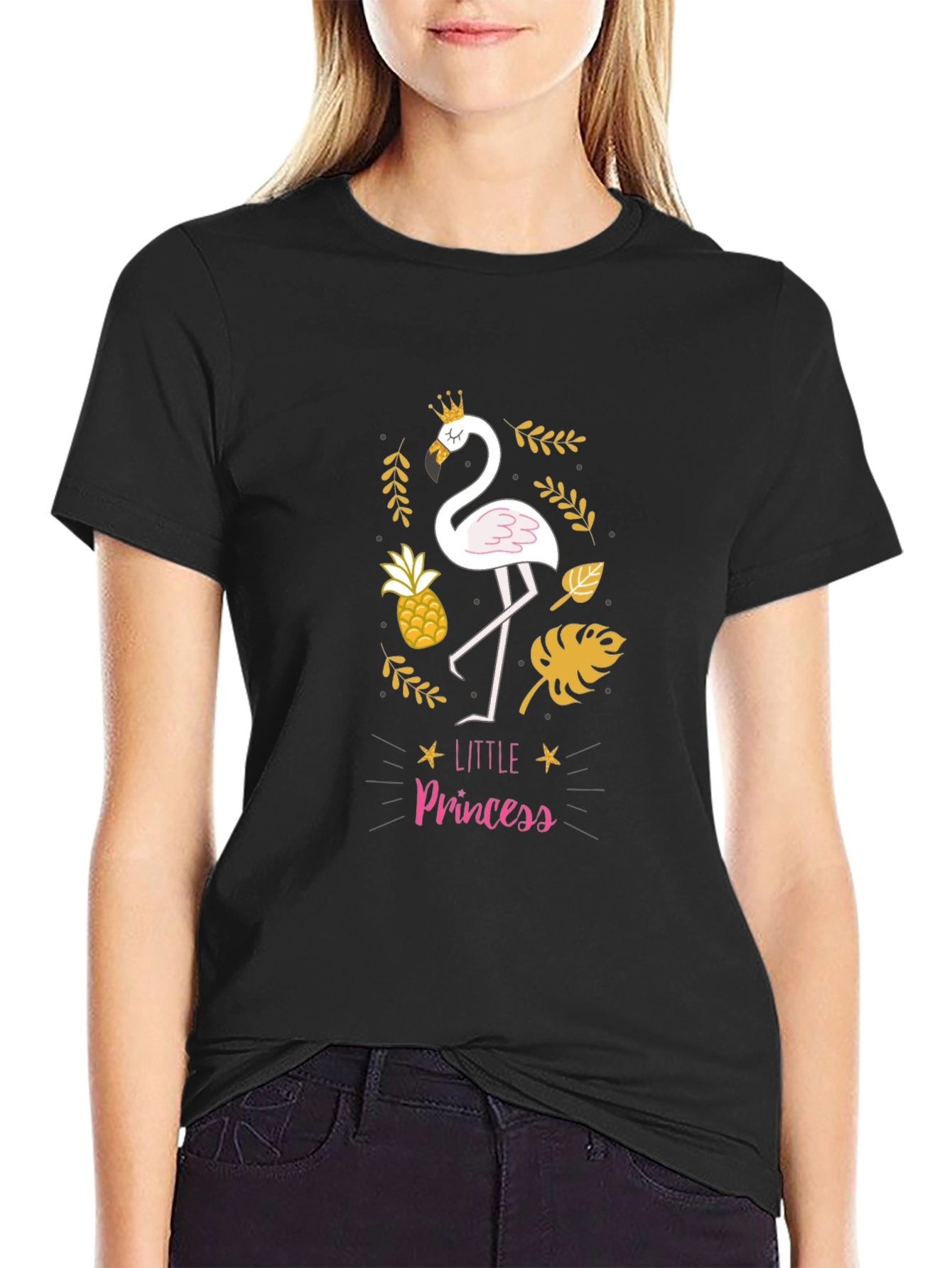 Black Little Princess Flamingo Black T-Shirt view 2