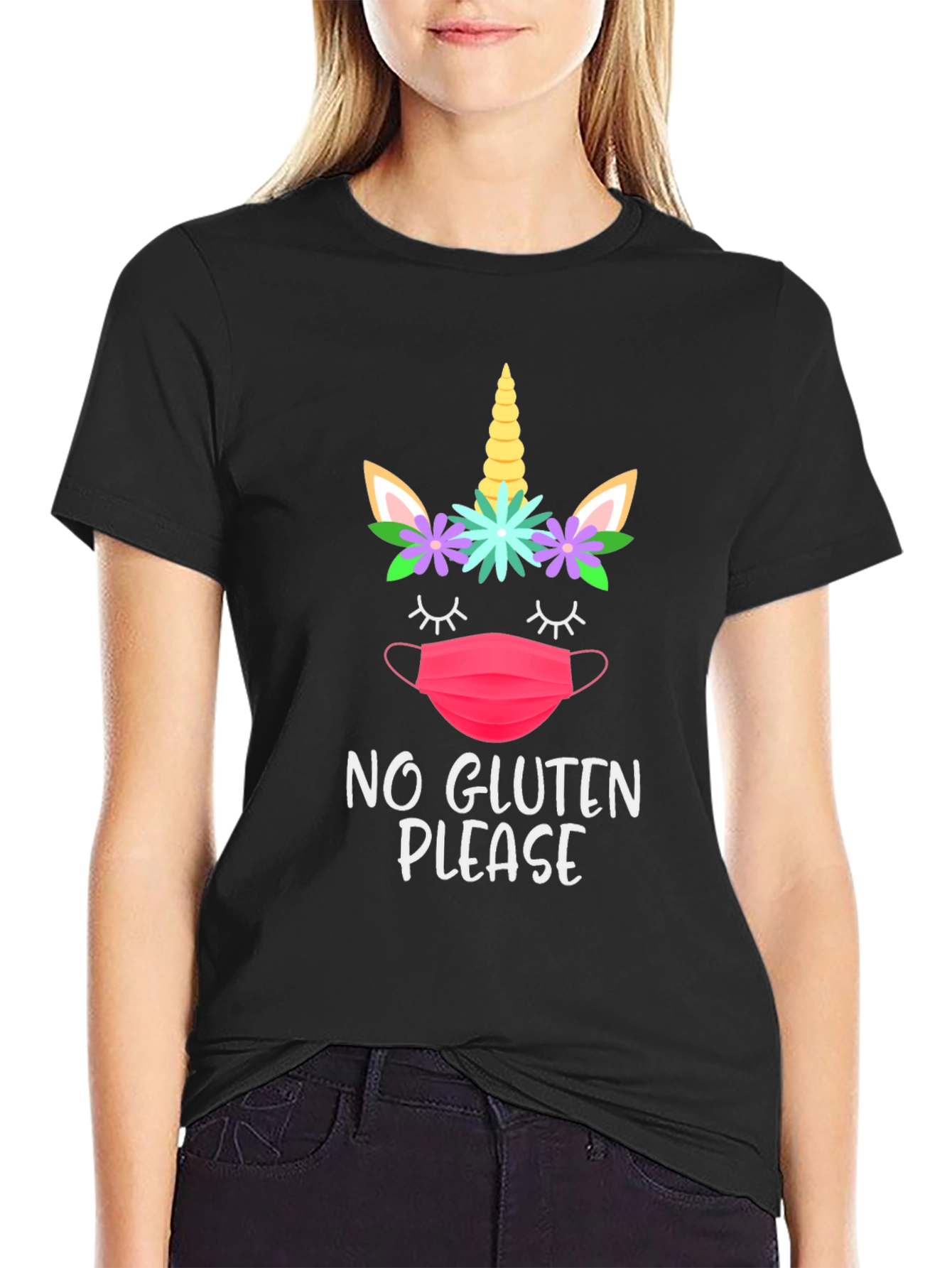 Black No Gluten Please Unicorn Face Mask T-Shirt view 2