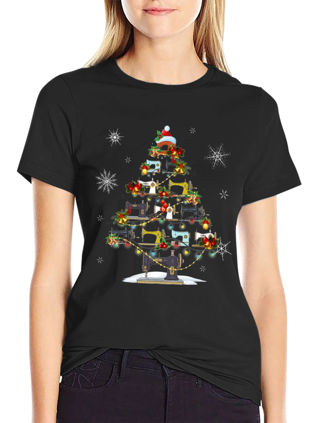 Black Sewing Machine Christmas Tree T-Shirt view 2