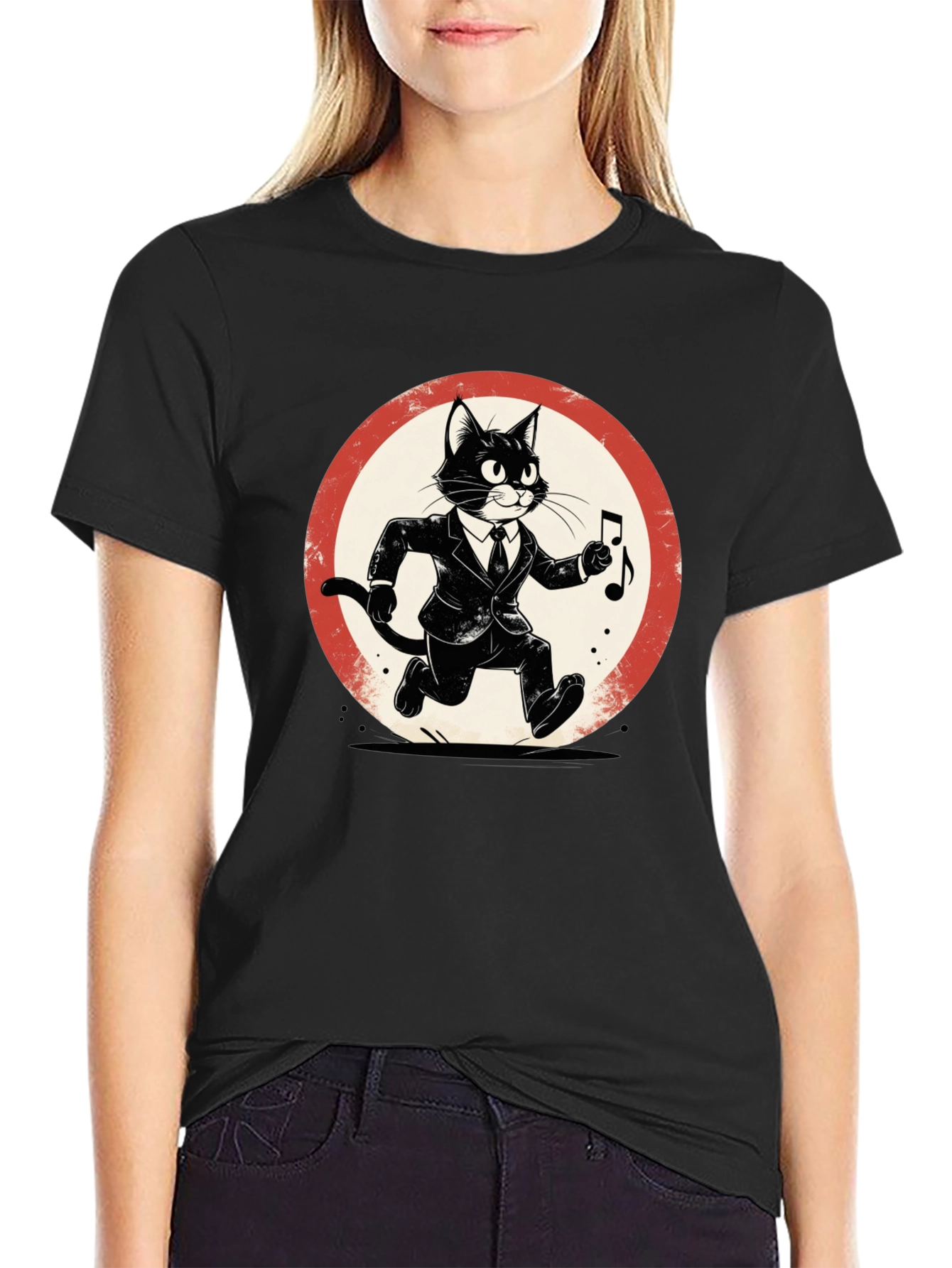 Black Cool Cat Jazz Musician Black T-Shirt view 2
