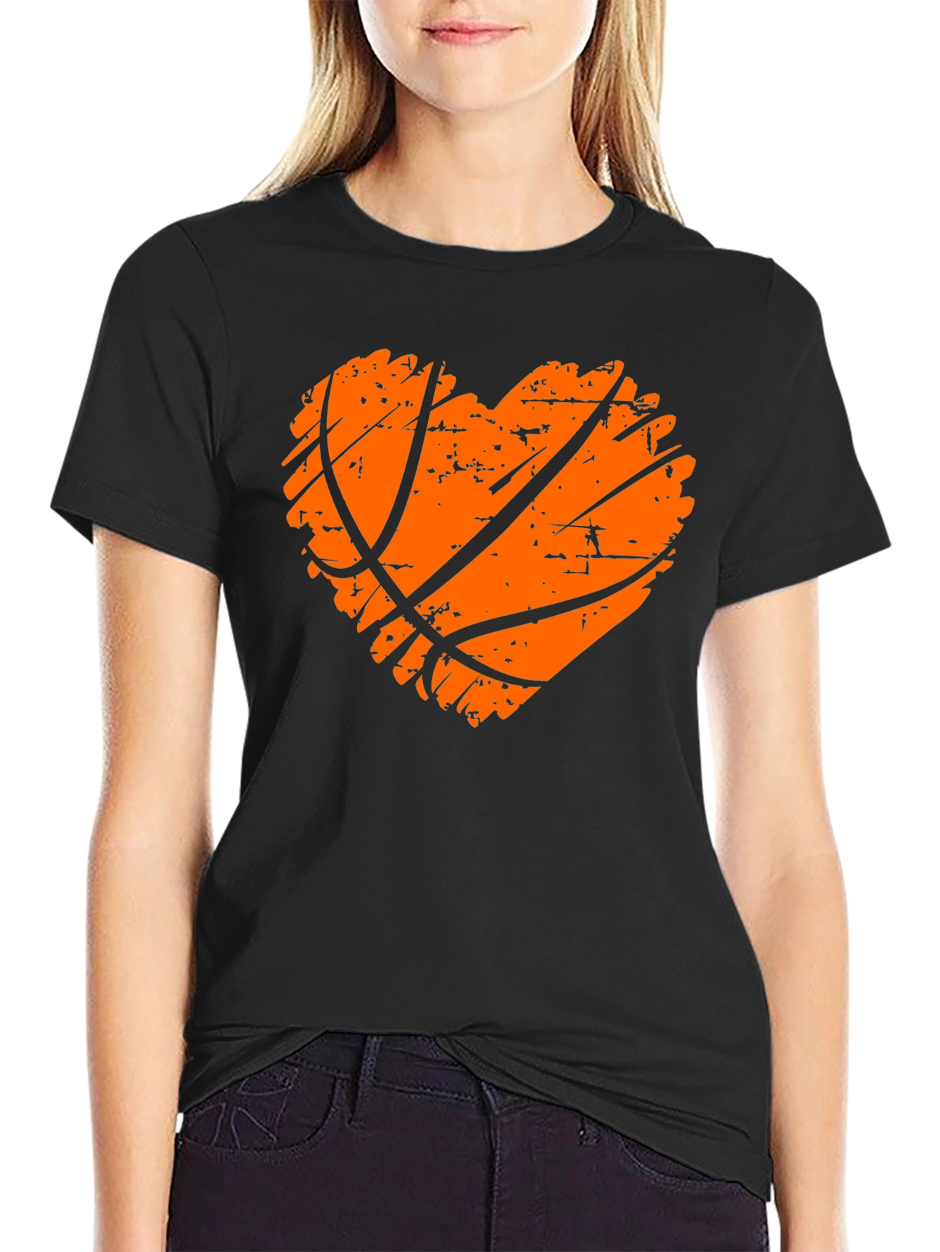 Black Basketball Heart Graphic Tee - Black Cotton T-Shirt view 2