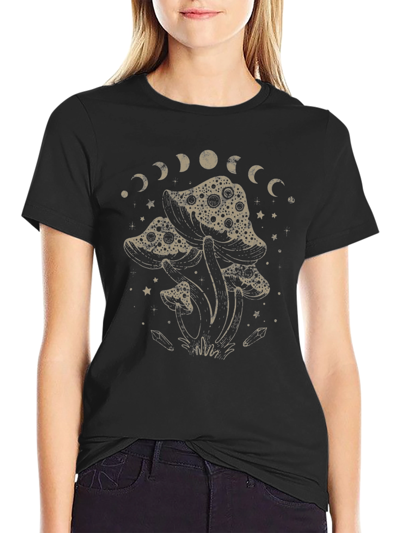 Black Mushroom Moon Phase Graphic T-Shirt - Black view 2