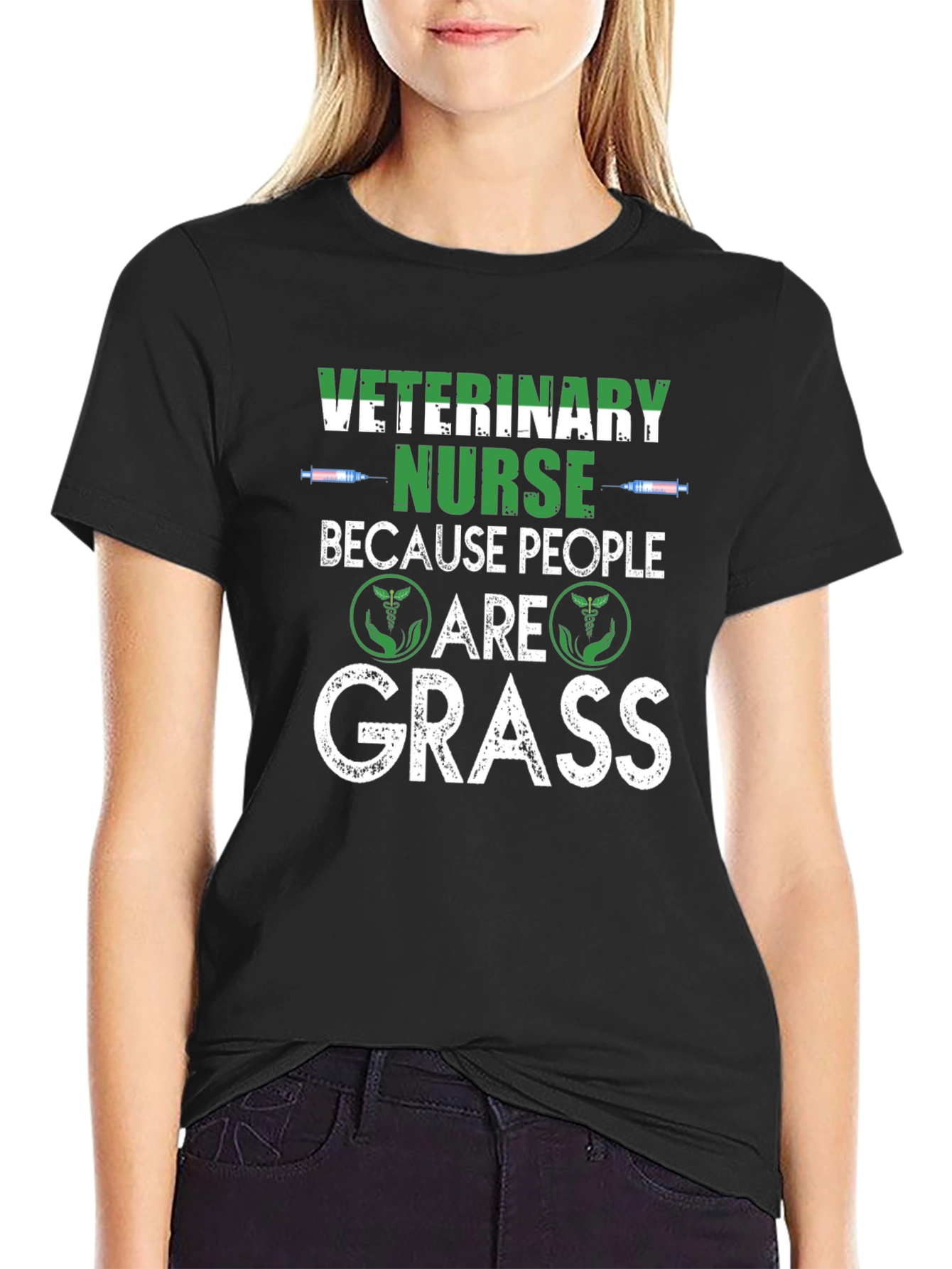 Black Veterinary Nurse T-Shirt - Because People Are Grass view 2