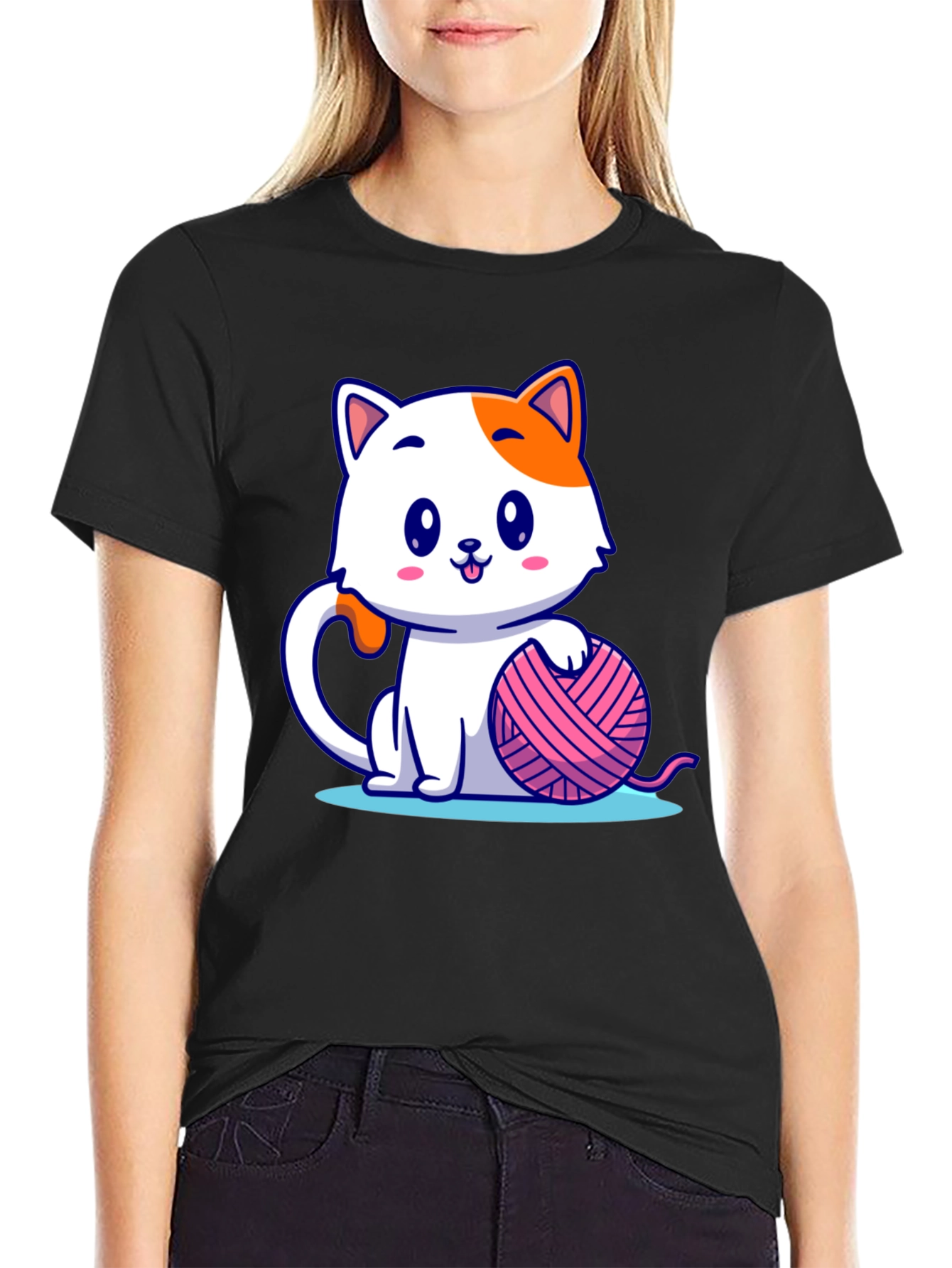 Black Cute Cartoon Cat with Yarn Ball Graphic Tee view 2