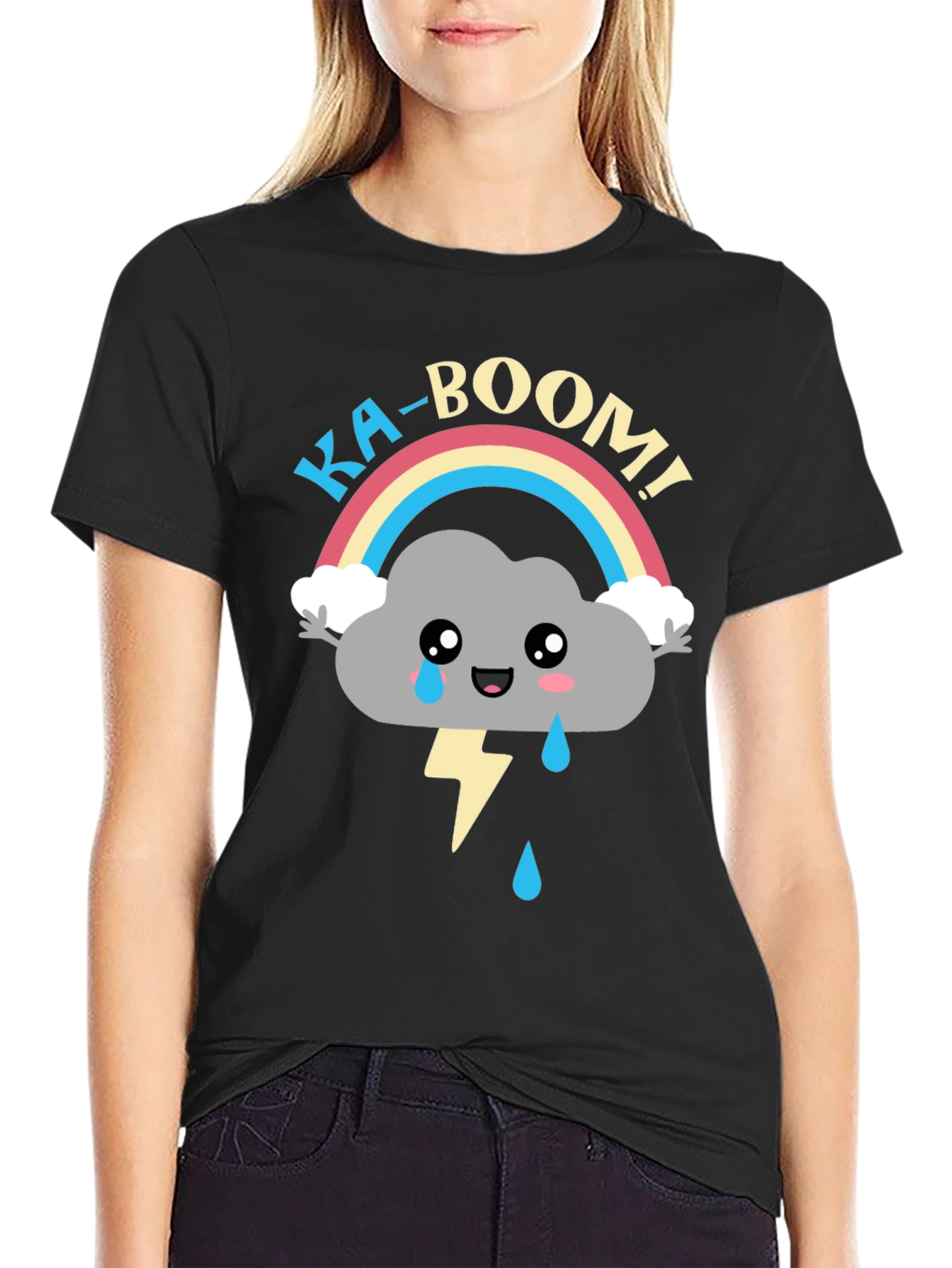 Black Ka-Boom Rainbow Cloud T-Shirt Funny Graphic Tee view 2