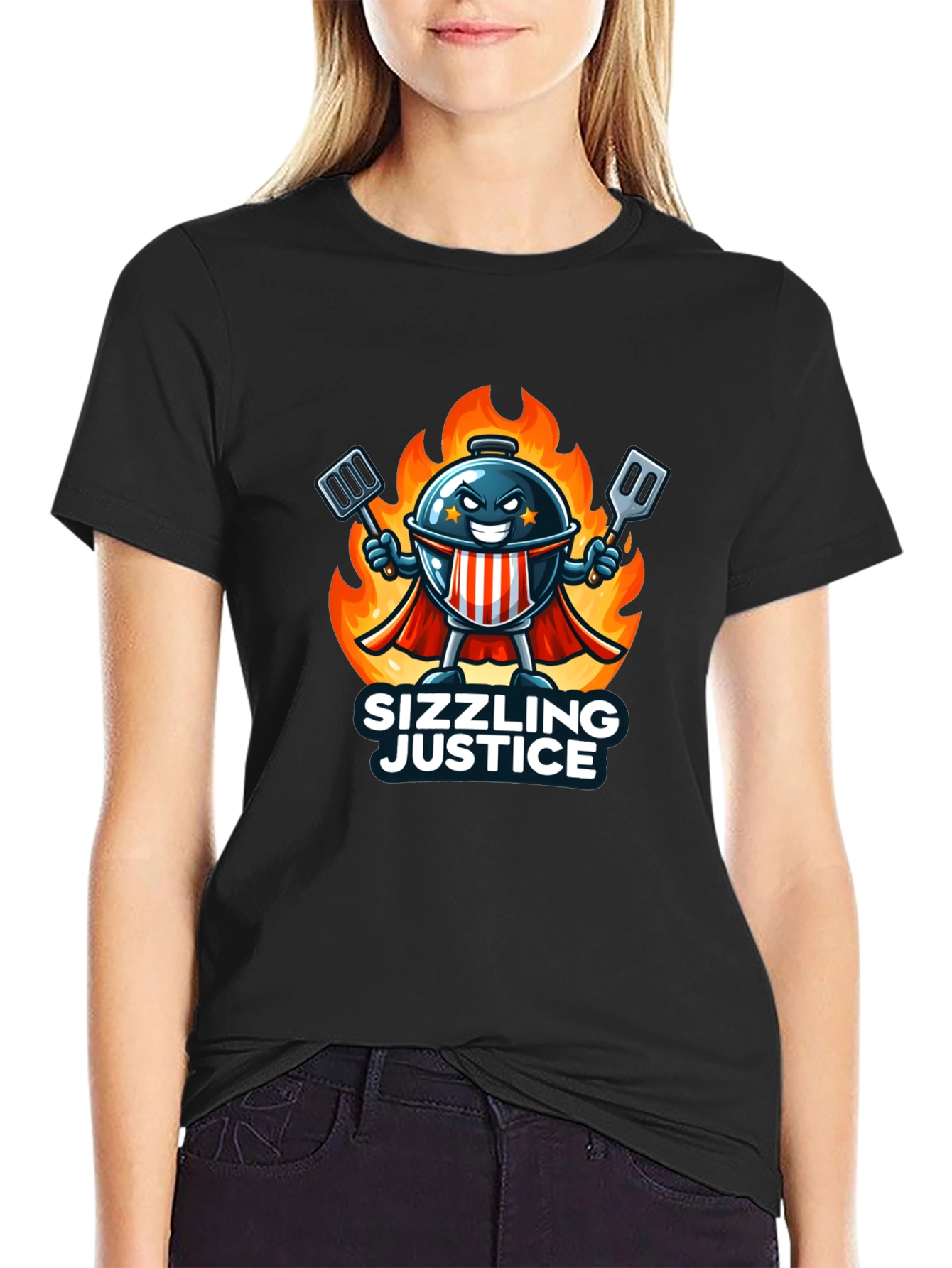 Black Sizzling Justice T-Shirt - Grill Master Hero Design view 2