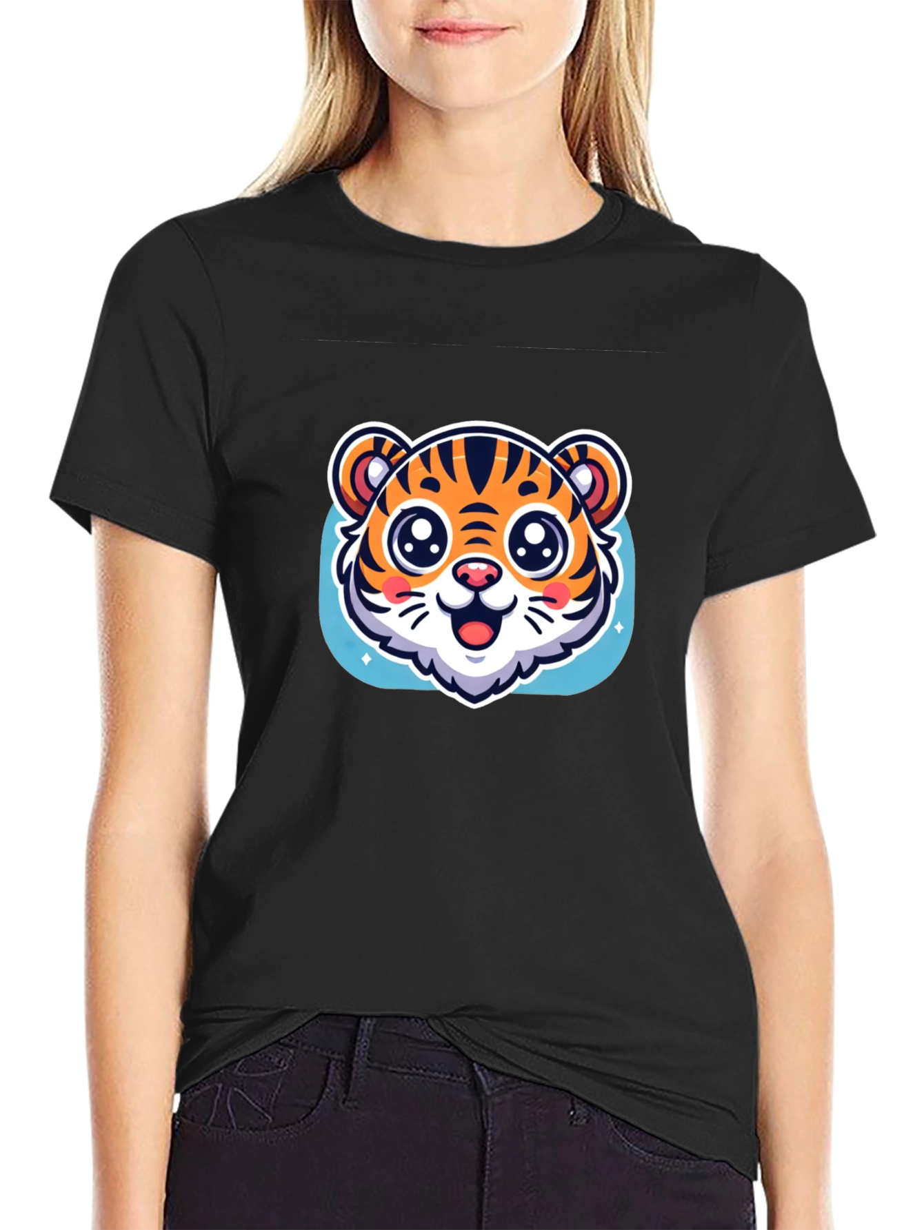 Black Cute Tiger Graphic Black T-Shirt view 2