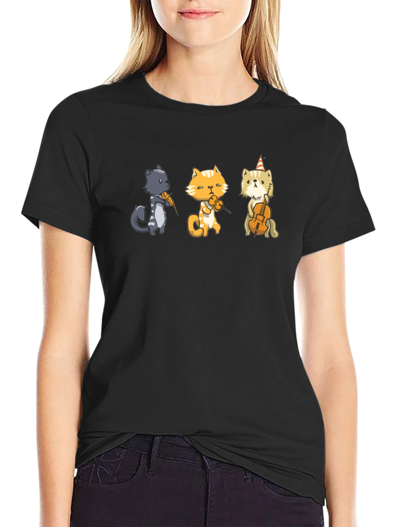 Black Cat Musicians T-Shirt - Black Cotton Tee view 2