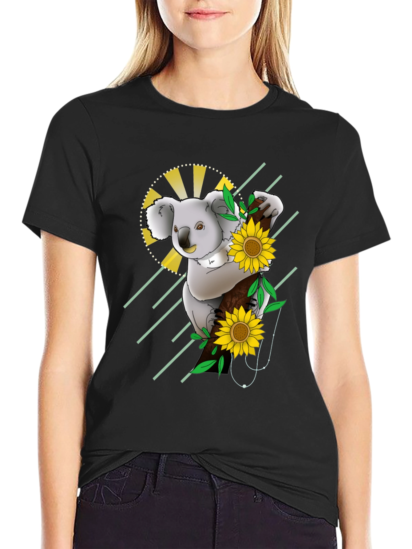 Black Koala & Sunflower Graphic Black T-Shirt view 2