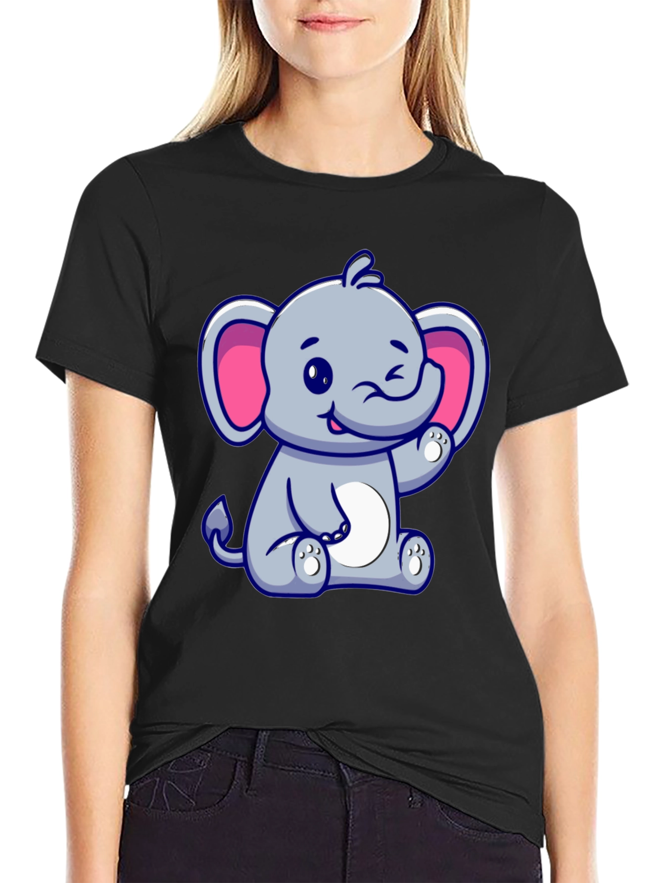 Black Cute Cartoon Elephant Graphic Tee - Black Cotton Shirt view 2