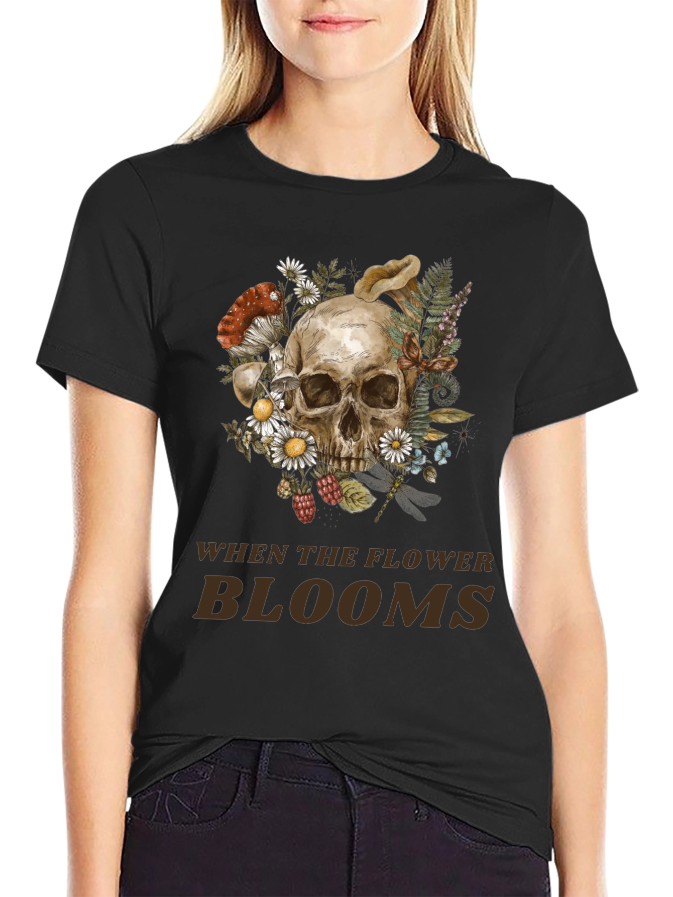 Black Skull and Floral Graphic Print Tee view 2
